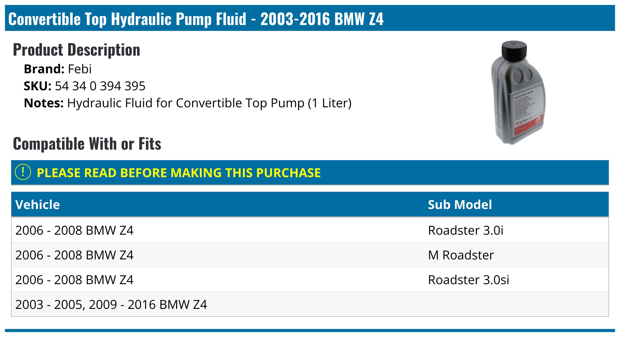 2003-2016 BMW Z4 Convertible Top Hydraulic Pump Fluid - Febi 54 34 0 ...