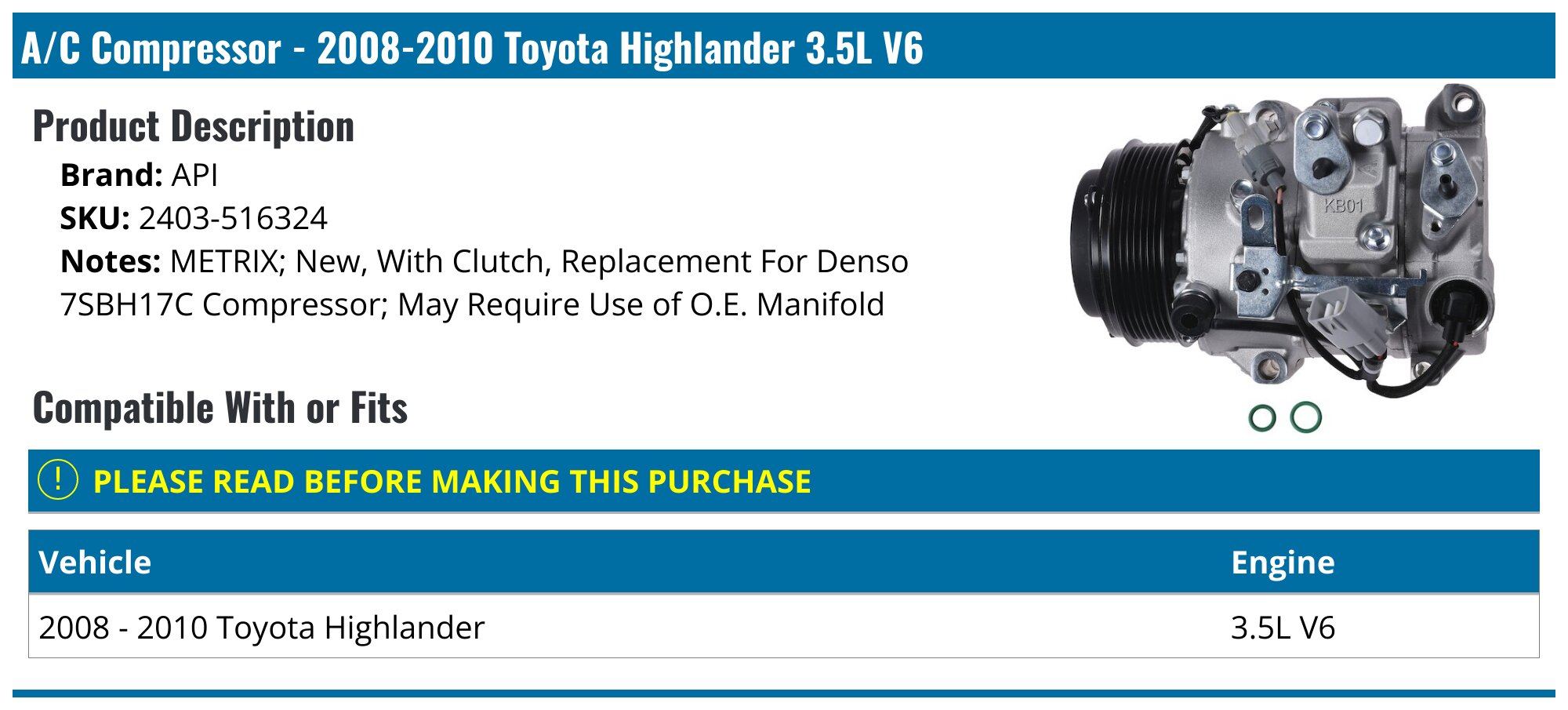 2008-2010 Toyota Highlander A/C Compressor - API 28609-02055610 ...