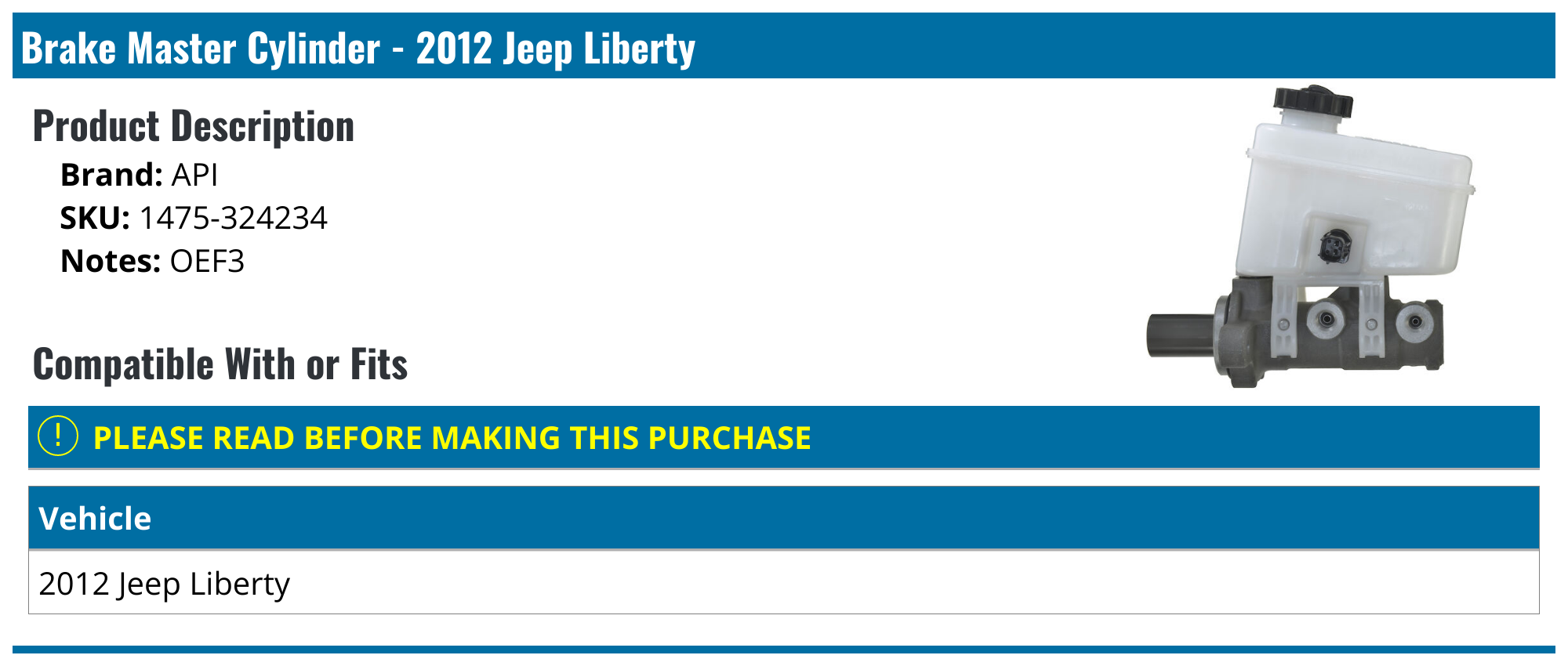 2012 Jeep Liberty Brake Master Cylinder API 11866507946492