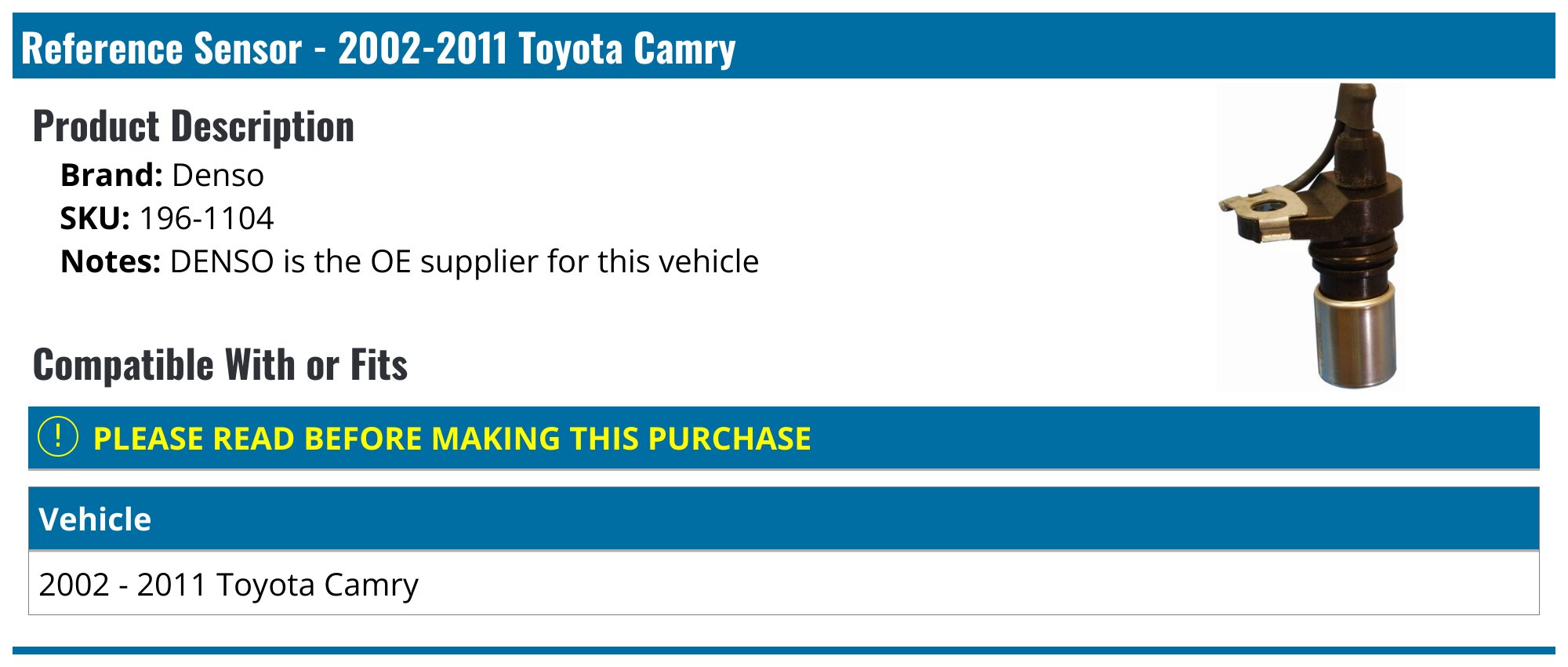 2002-2011 Toyota Camry Crank Position Sensor - Denso 196-1104