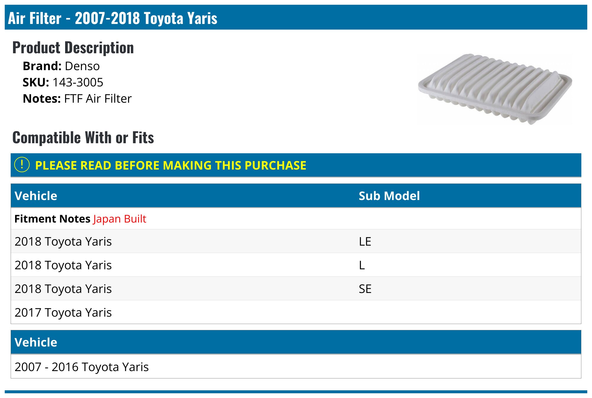 2007-2019 Toyota Yaris Air Filter - Denso 143-3005 - PartsGeek.com