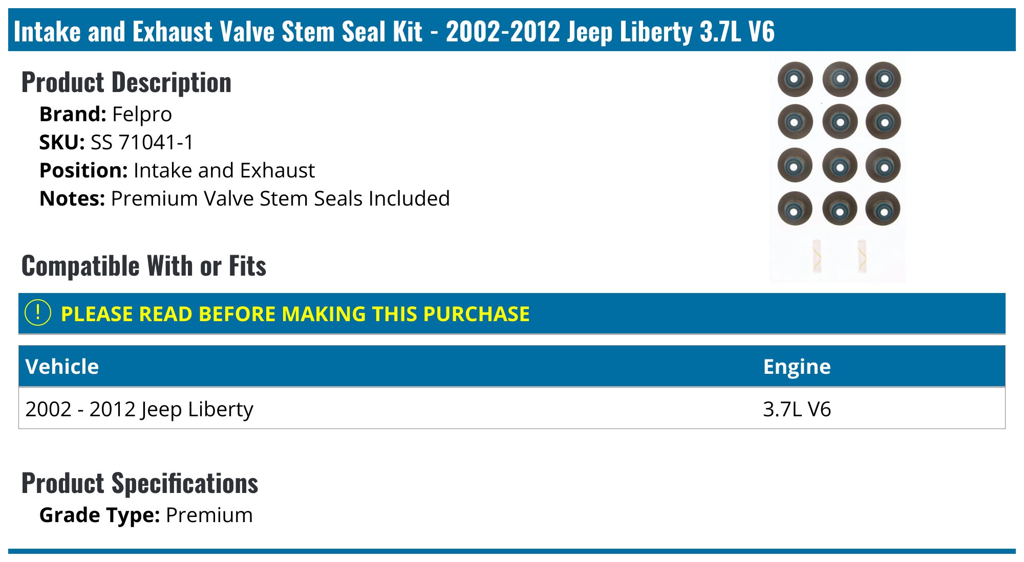 Fel-Pro SS 71041-1 Valve Stem Oil Seal Set Free shipping
