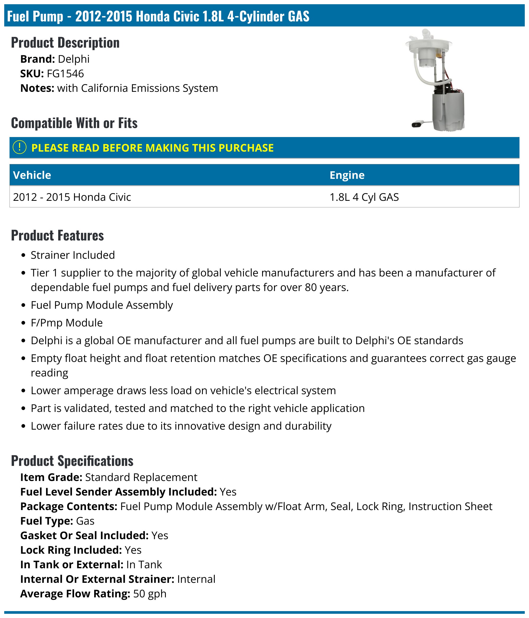 Fuel Pump Module With Sending Unit For Honda CR-V 2000-2001 2.0L L4 – Replacement