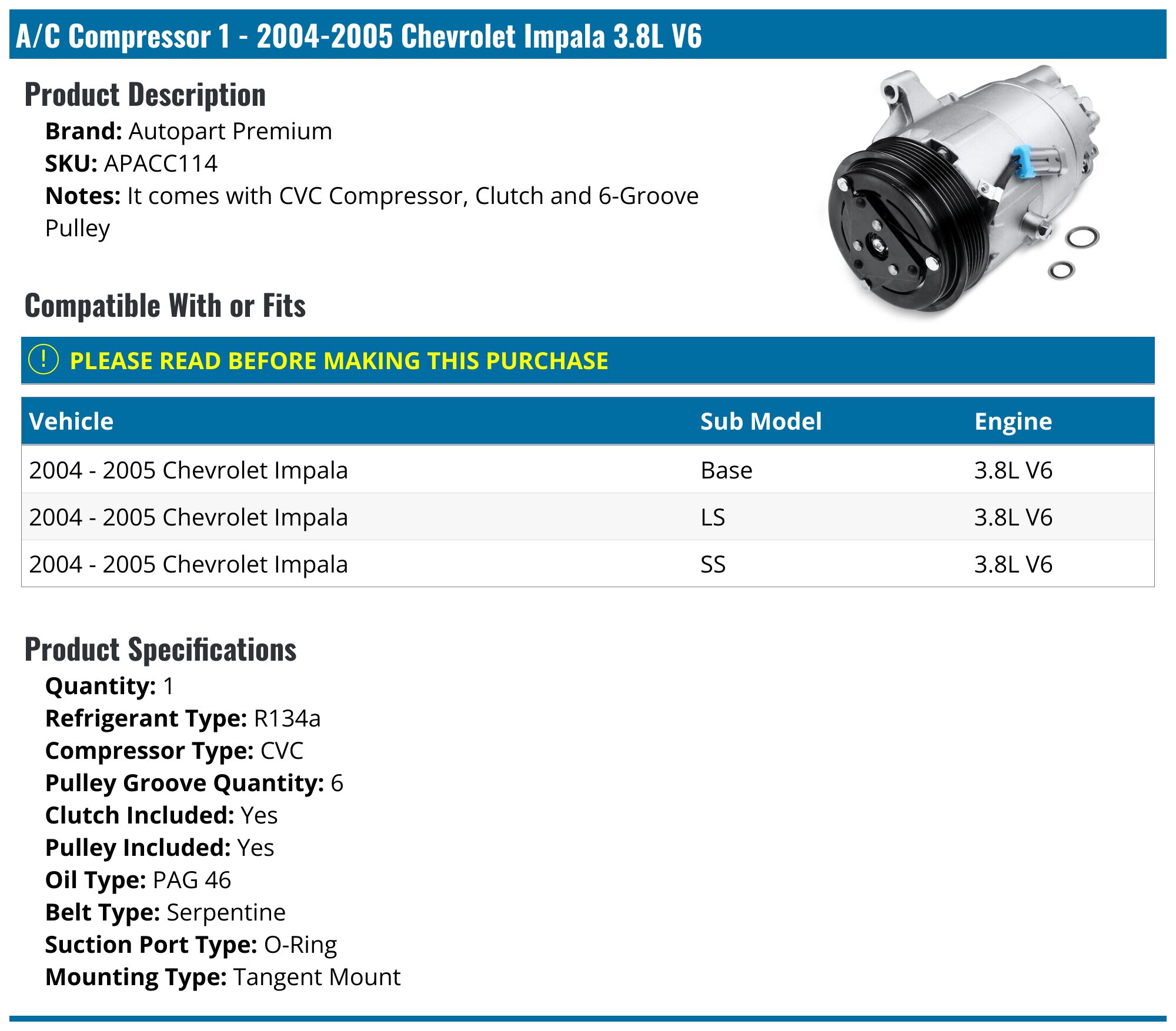 2004-2005 Chevrolet Impala A/C Compressor - Autopart Premium
