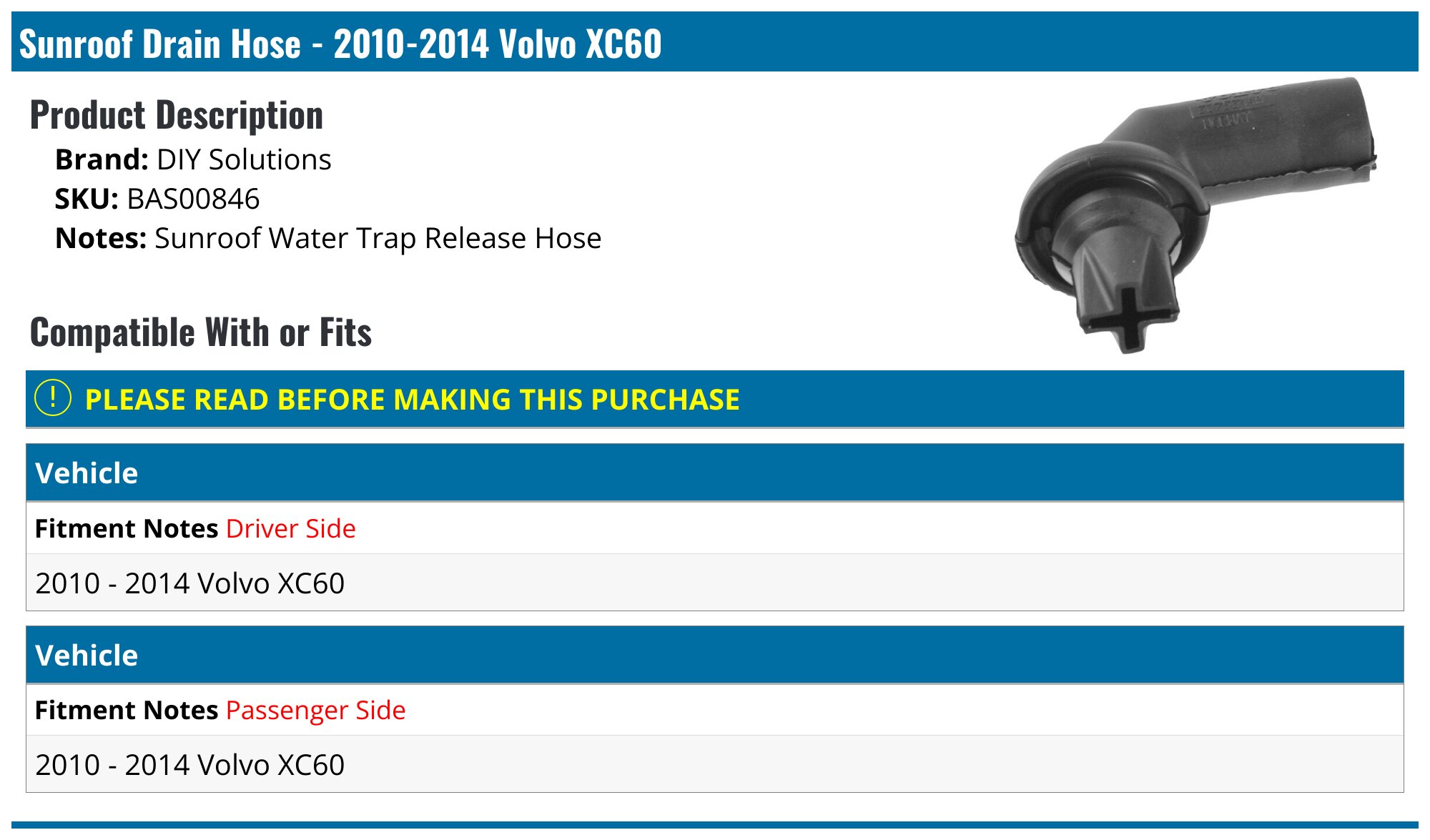 20102014 Volvo XC60 Sunroof Drain Hose DIY Solutions BAS00846