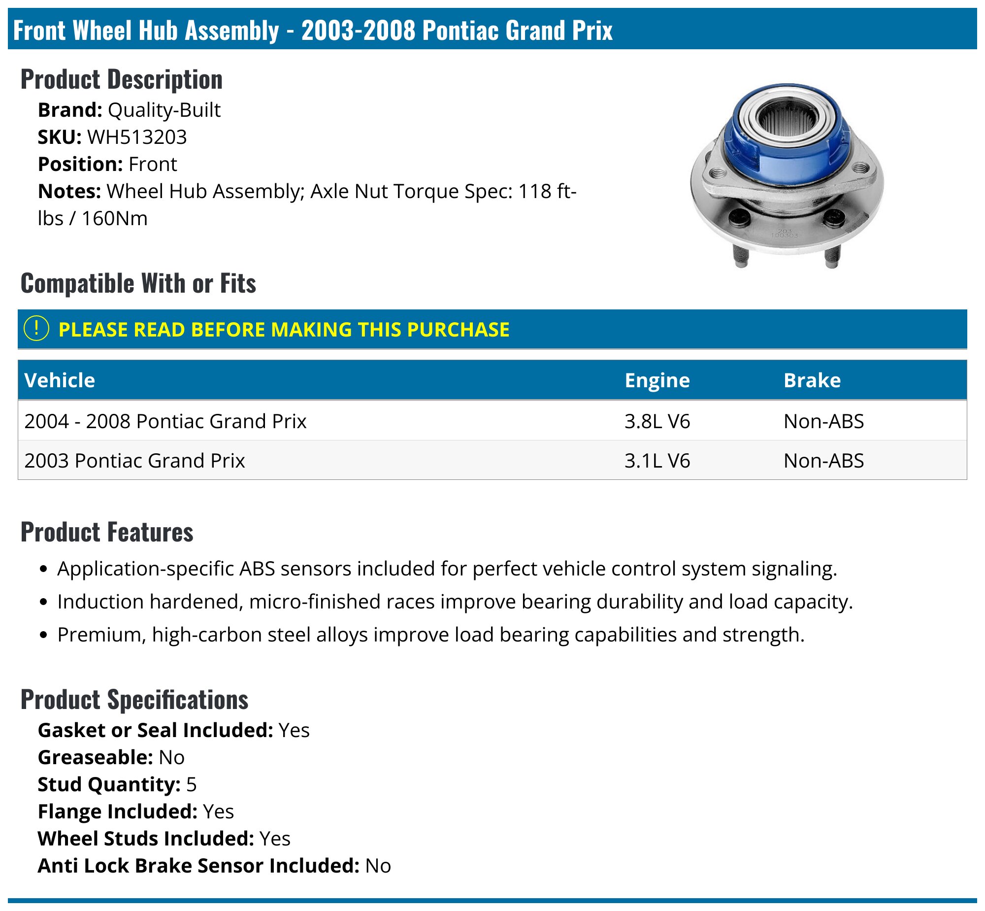 Hub Bearing for 2004-2008 Pontiac Grand Prix Fits 4 Wheel ABS Only-Rear Pair