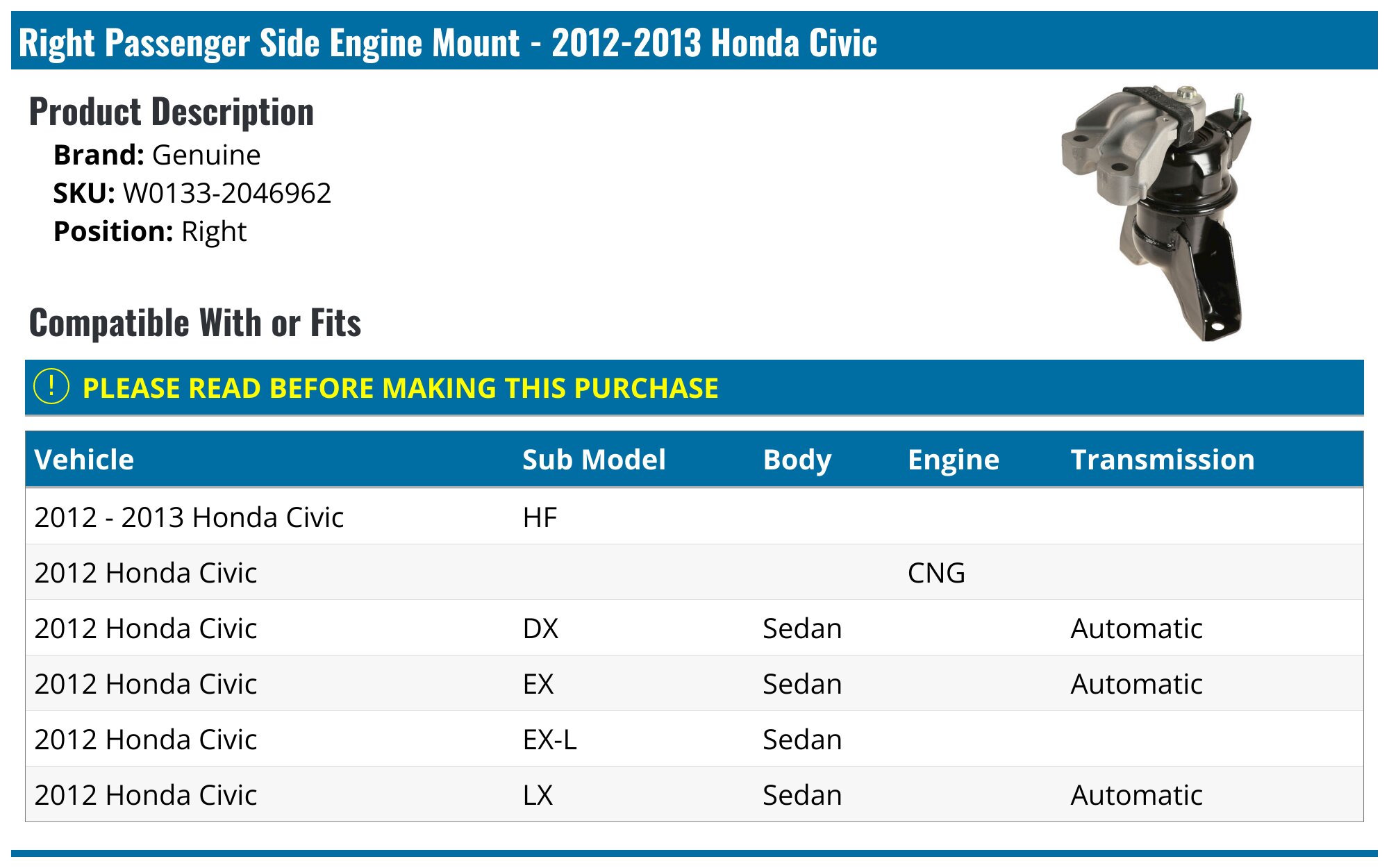 MotorKing Front Engine Motor Mount For 2012-2013 Honda Civic 1.8L L4 HF Sedan Automatic Transmission