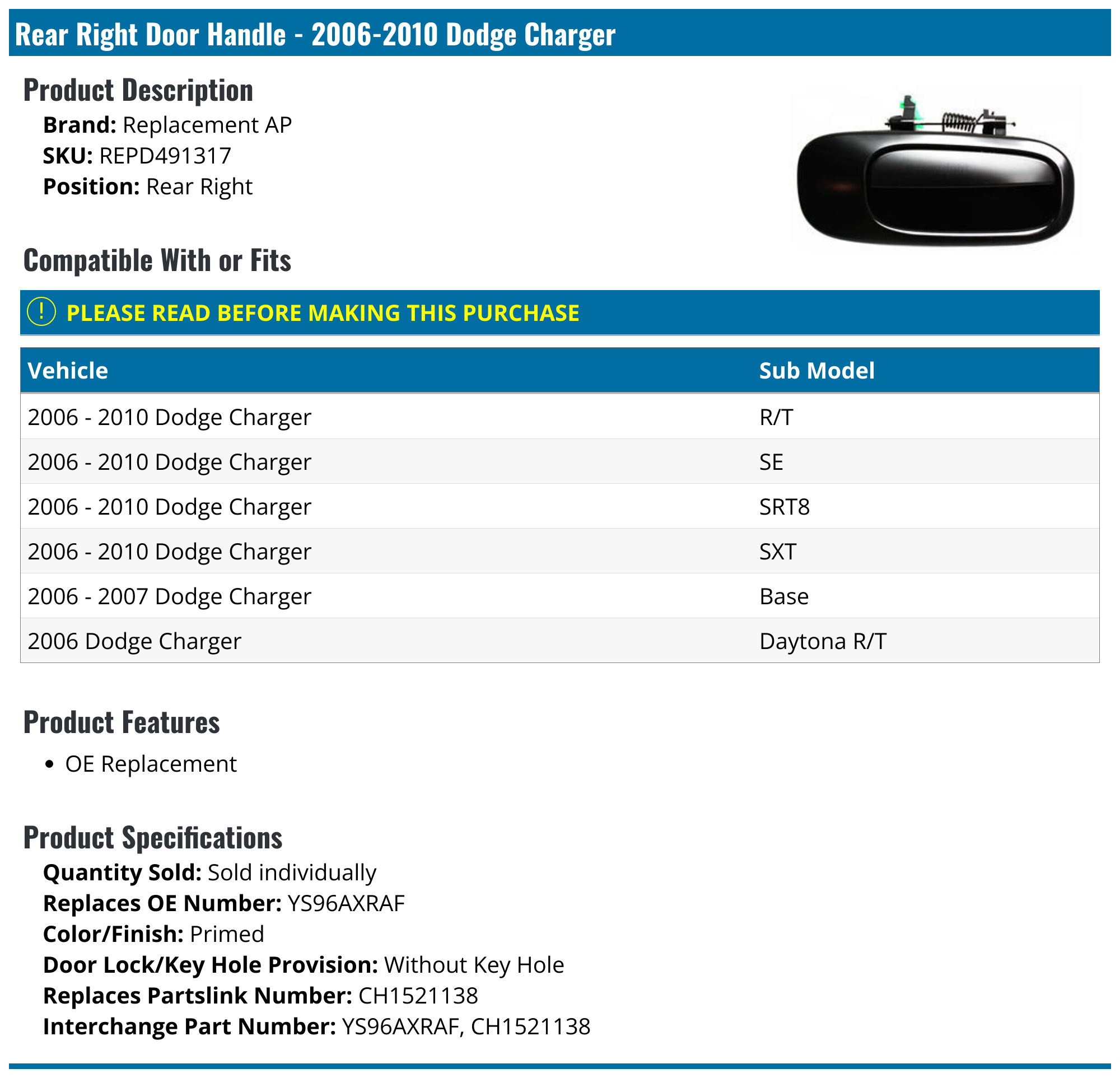 20062010 Dodge Charger Door Handle Replacement AP REPD491317 Rear