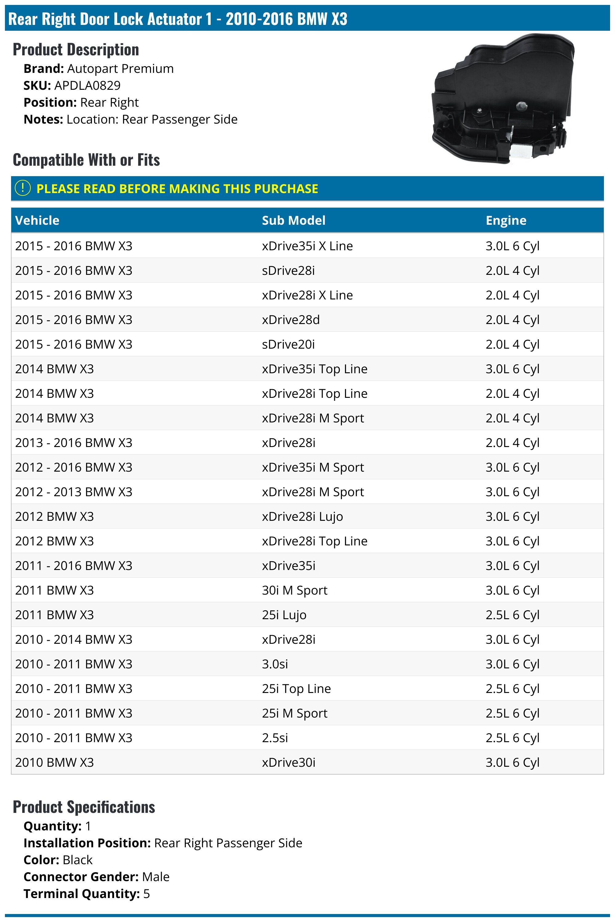 20102016 BMW X3 Door Lock Actuator Autopart Premium APDLA0829 Rear