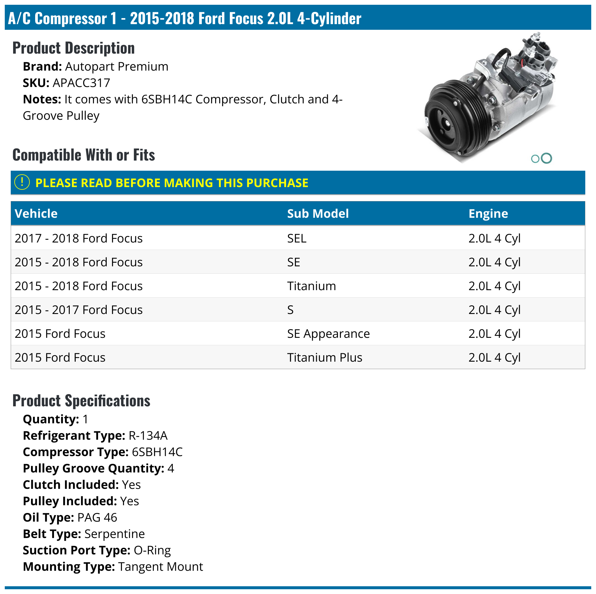 2015-2018 Ford Focus A/C Compressor - Autopart Premium APACC317 ...