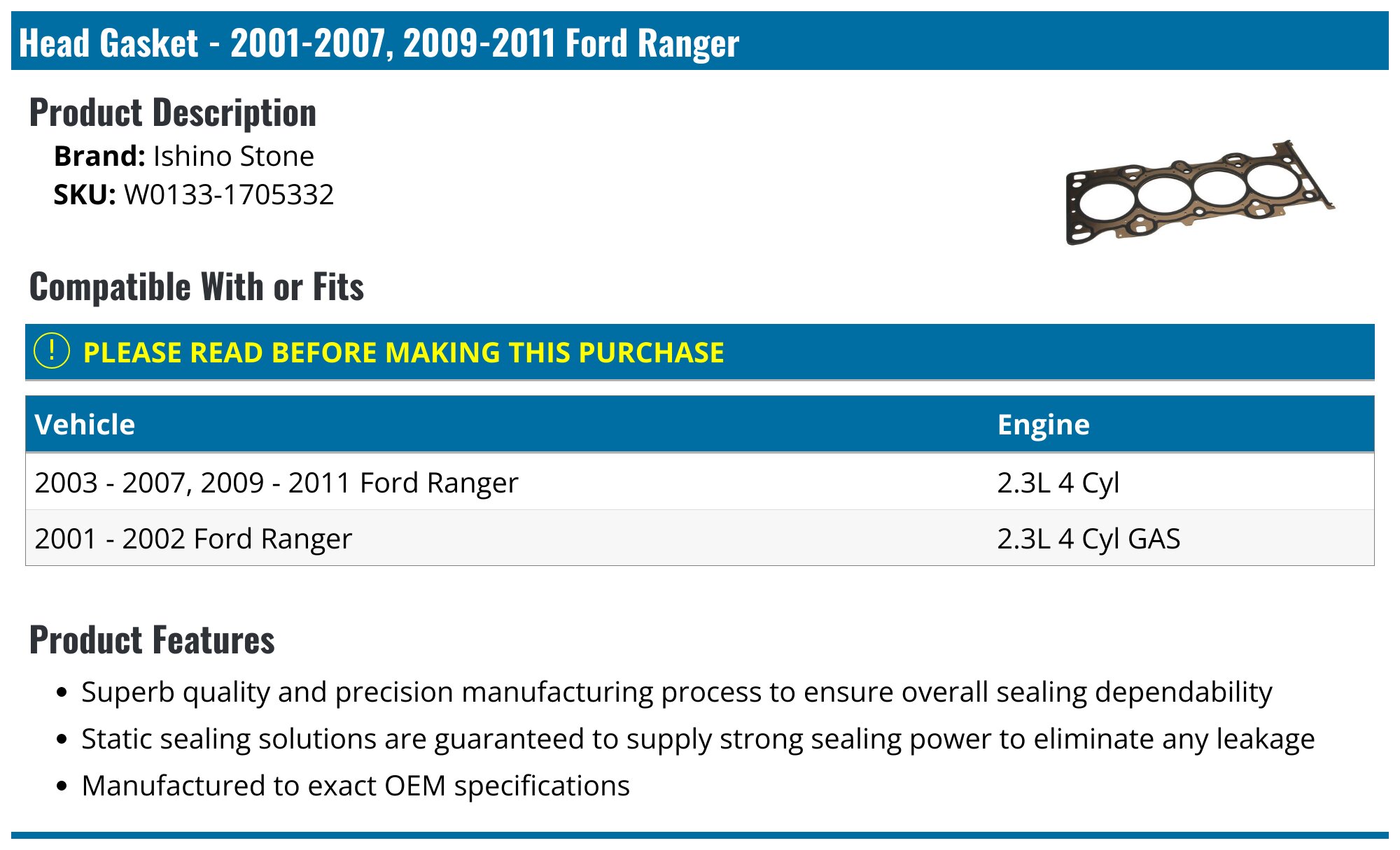 Full Cylinder Gasket Set For 2001-2003 Ford Ranger 4.0L – MLS Head Gasket Kit, Autodayplus