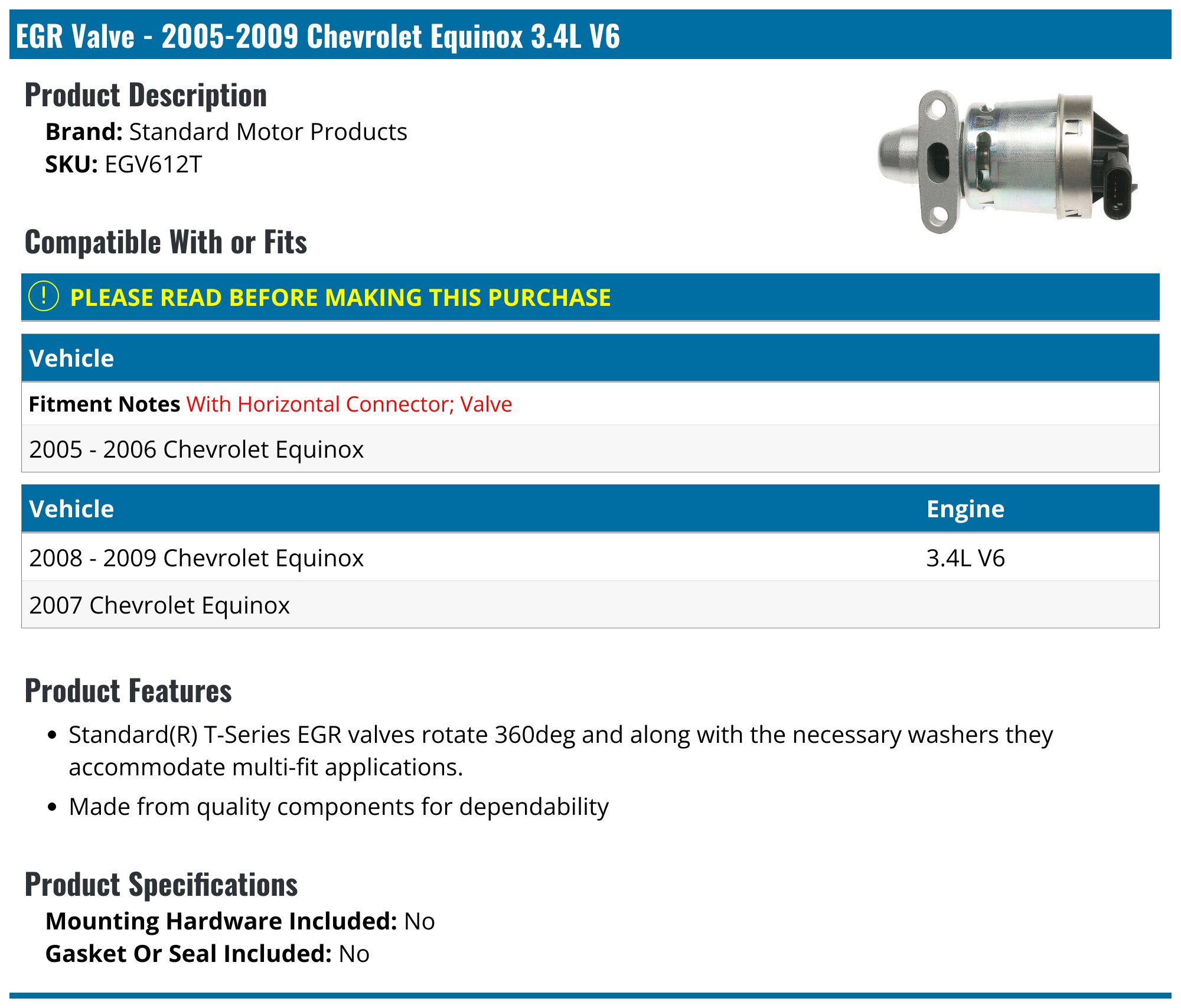 EGR Valve - 2005-2009 Chevrolet Equinox 3.4L V6 - Standard Motor Products  18225-07056209, image size:2000x1707