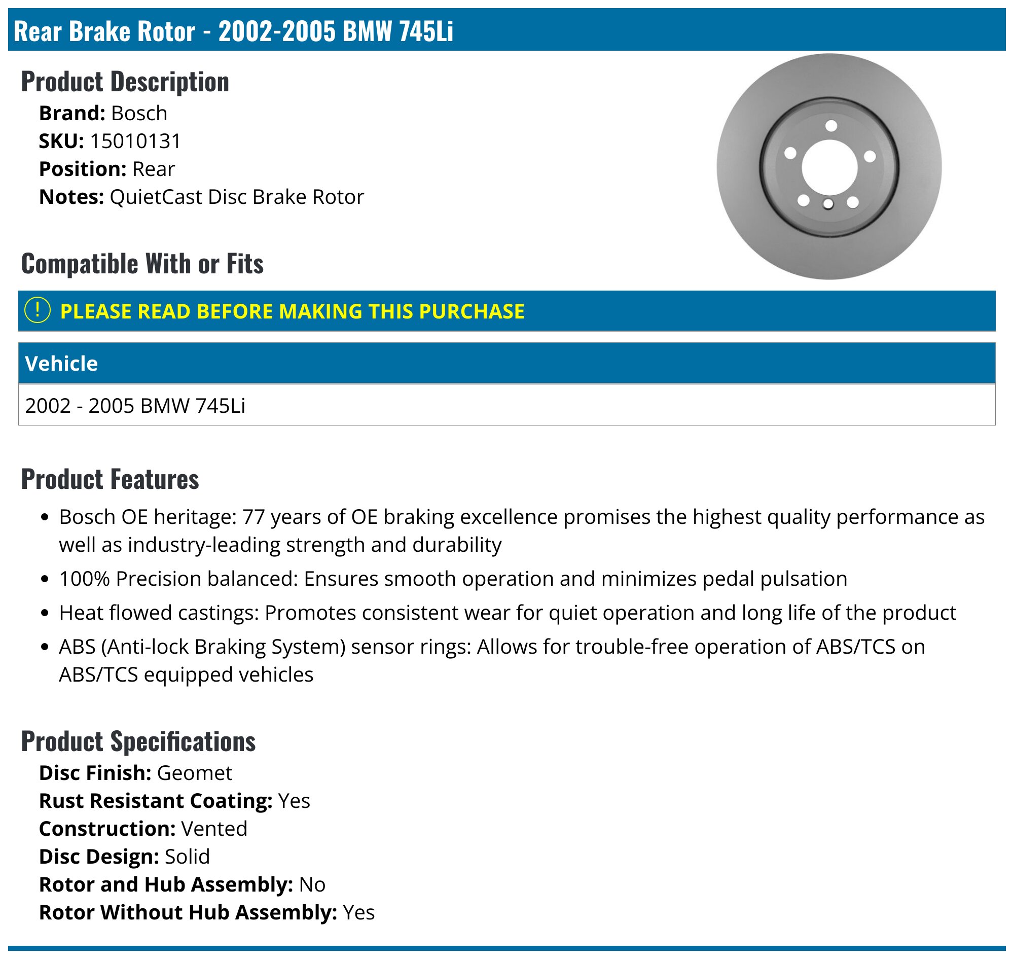 DuraGo Rotors Pronto BR34249 Rear Vented Disc Brake Rotor