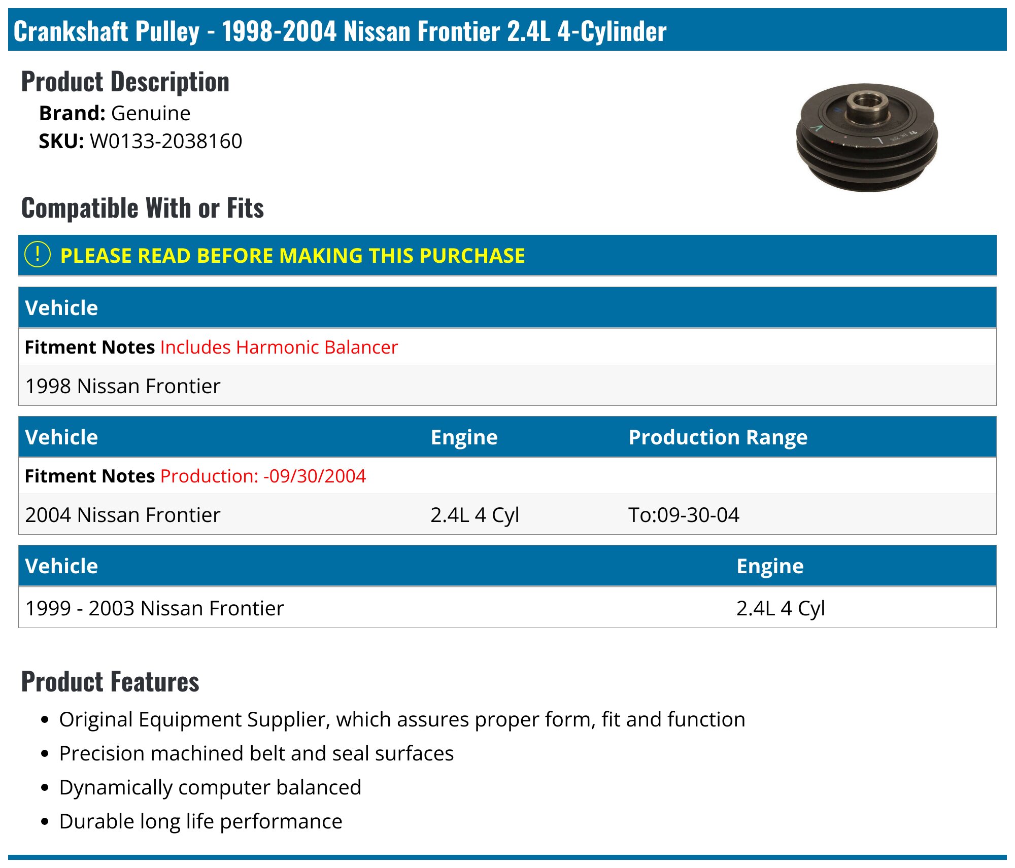 19982004 Nissan Frontier Crankshaft Pulley Genuine W01332038160