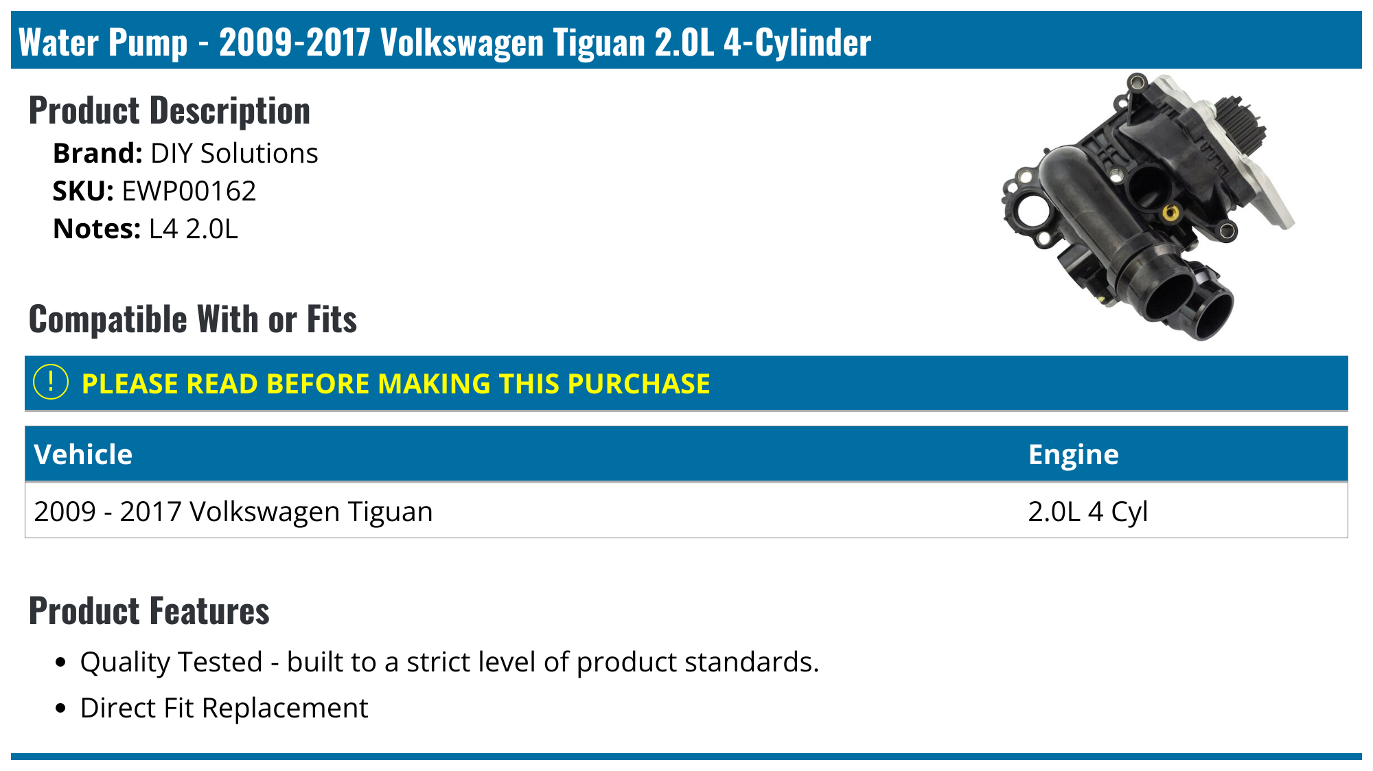 20092017 Volkswagen Tiguan Water Pump DIY Solutions EWP00162