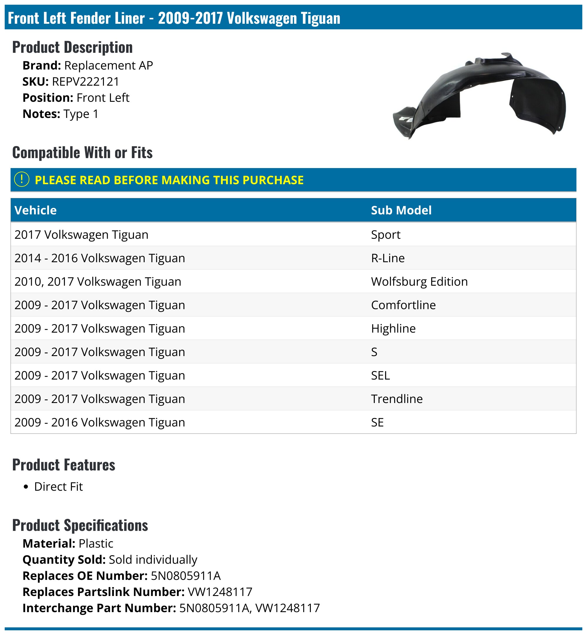 Front Passenger Side Fender Liner For Volkswagen Tiguan 2009-2017 - Evan-Fischer