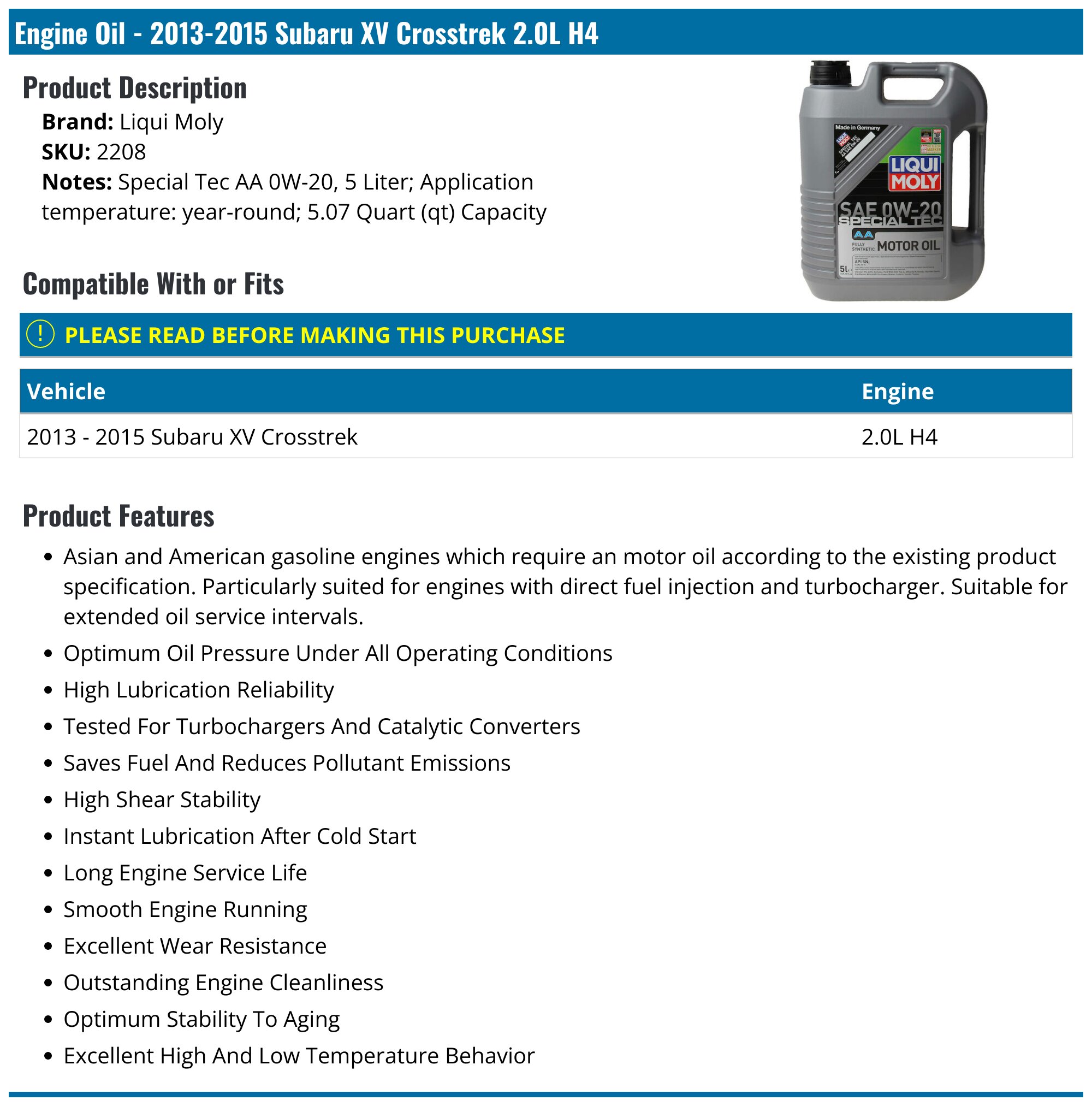 2013-2015 Subaru XV Crosstrek Engine Oil - Liqui Moly 2208
