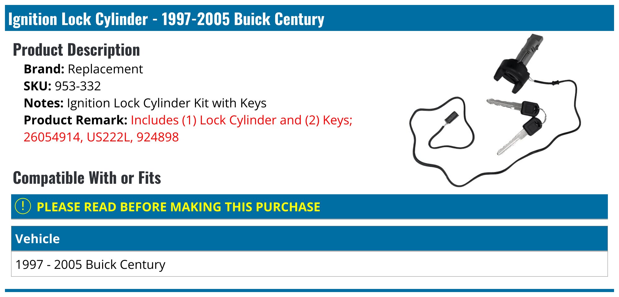 19972005 Buick Century Ignition Lock Cylinder Replacement 953332