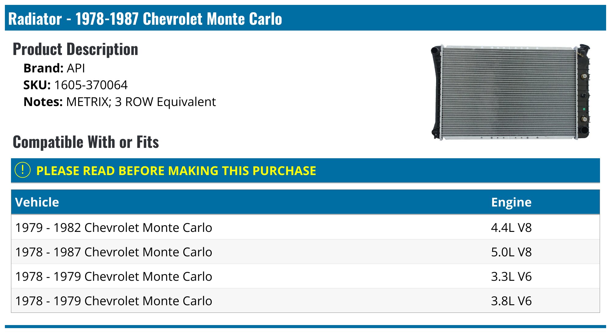 1978-1987 Chevrolet Monte Carlo Radiator - API 3547-07817342 ...