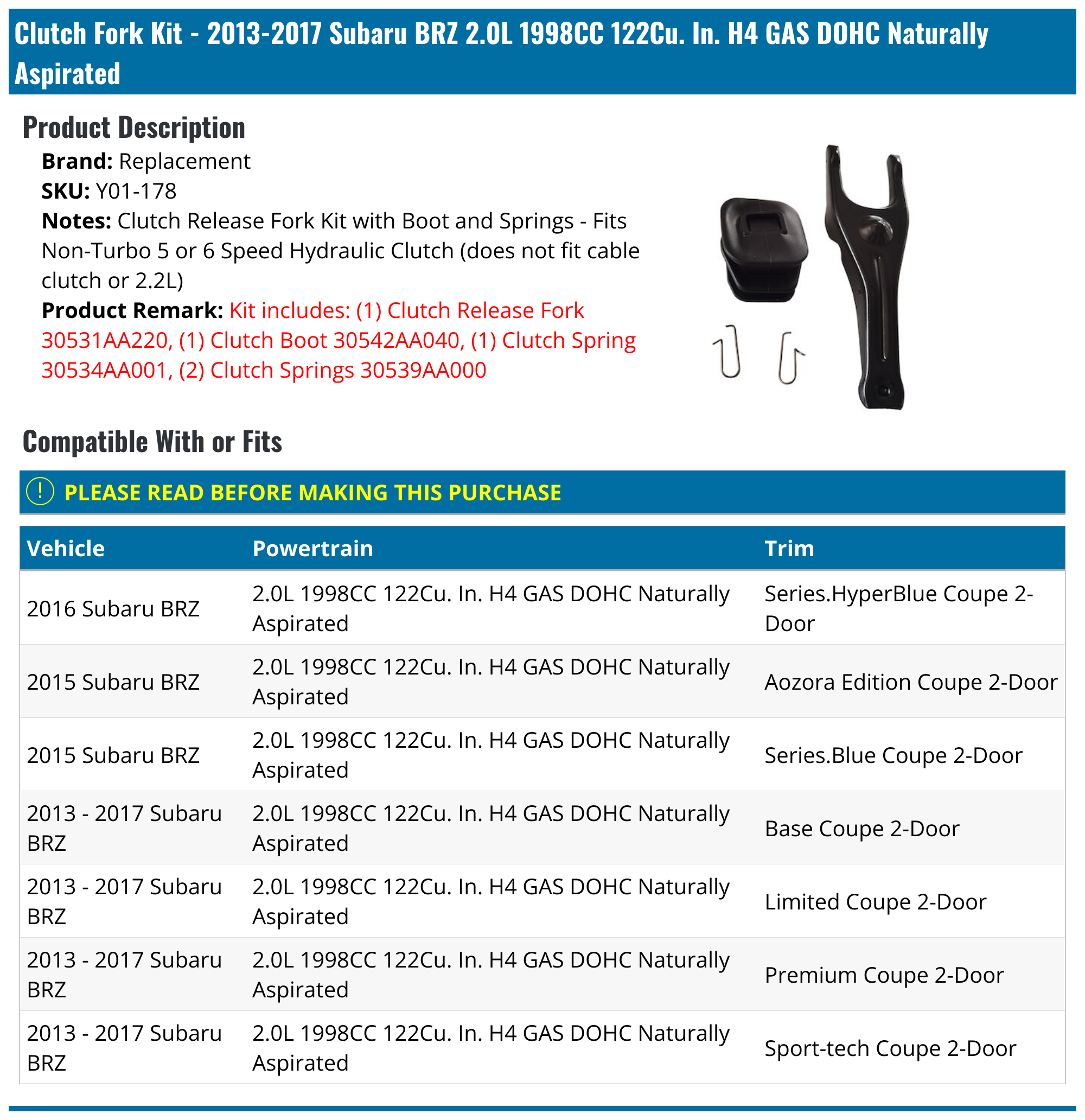 20132017 Subaru BRZ Clutch Fork Kit Replacement Y01178