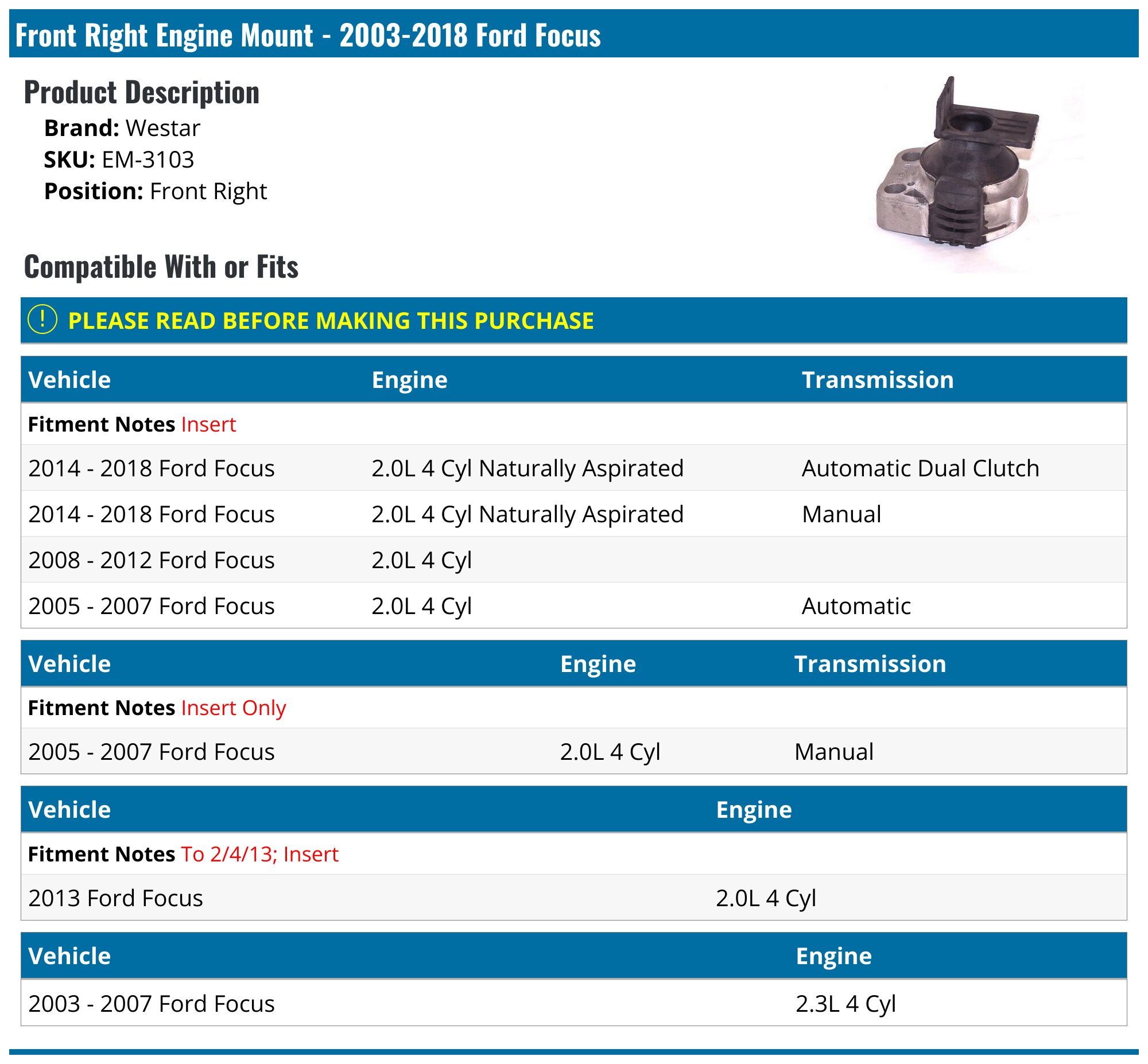 Pair Of Front Engine Motor Mounts For Ford Focus 2000-2004 2.0L – Protier