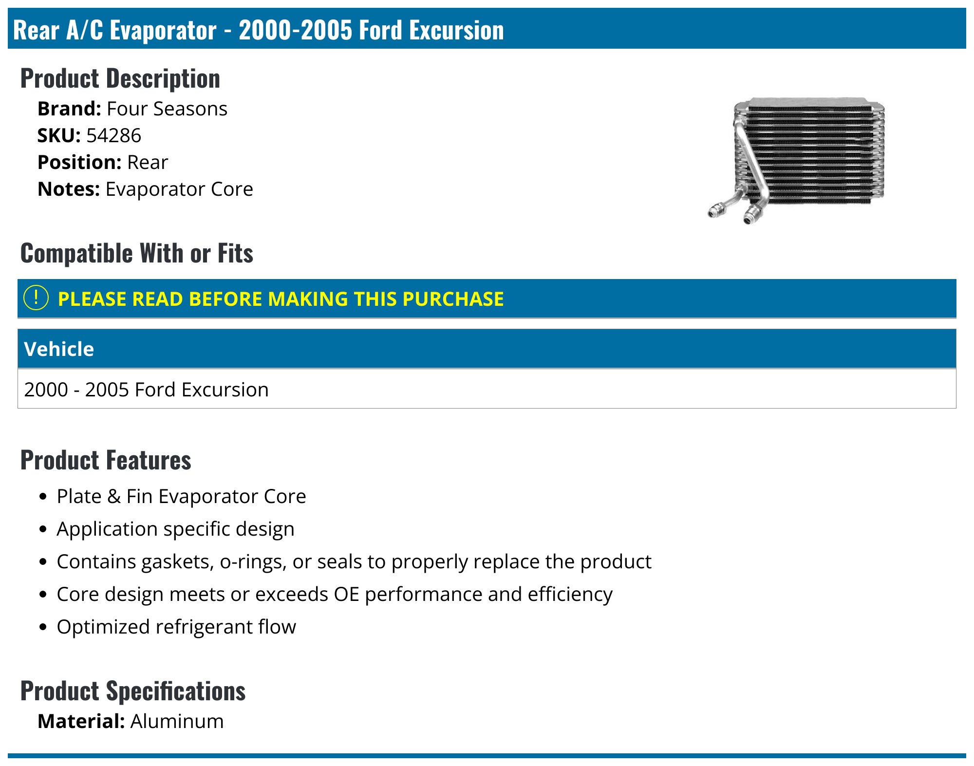 2000-2005 Ford Excursion A/C Evaporator - Four Seasons 54286 - Rear ...