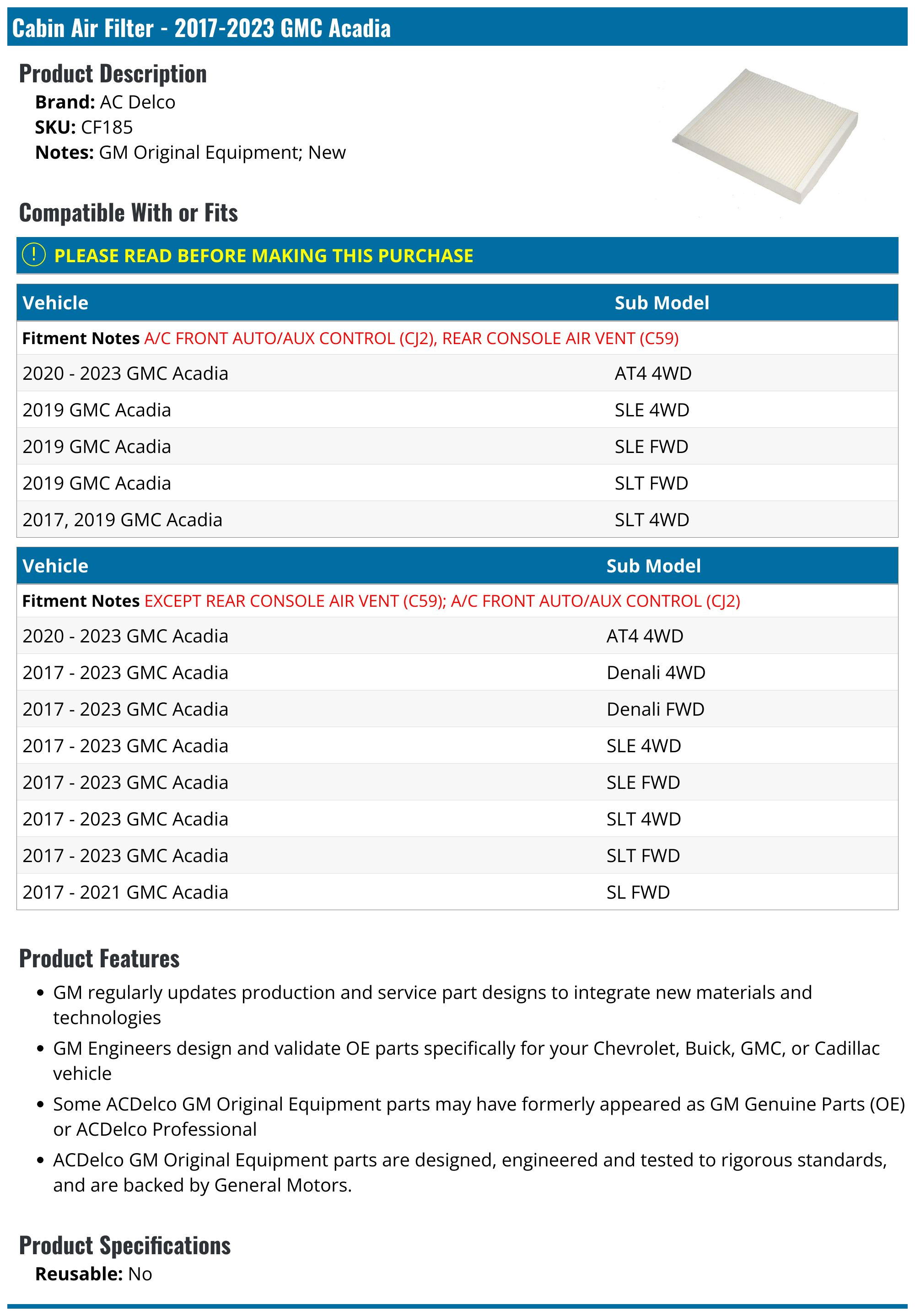 20172023 GMC Acadia Cabin Air Filter AC Delco CF185