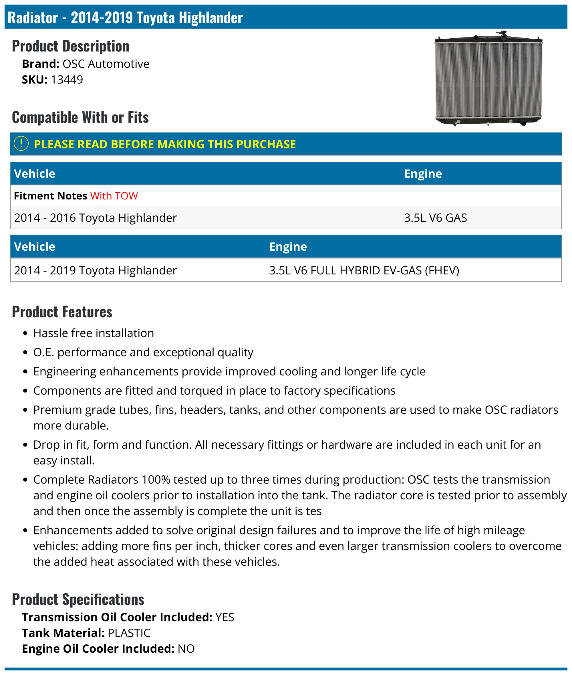 2014-2019 Toyota Highlander Radiator - OSC Automotive 13449 - PartsGeek.com