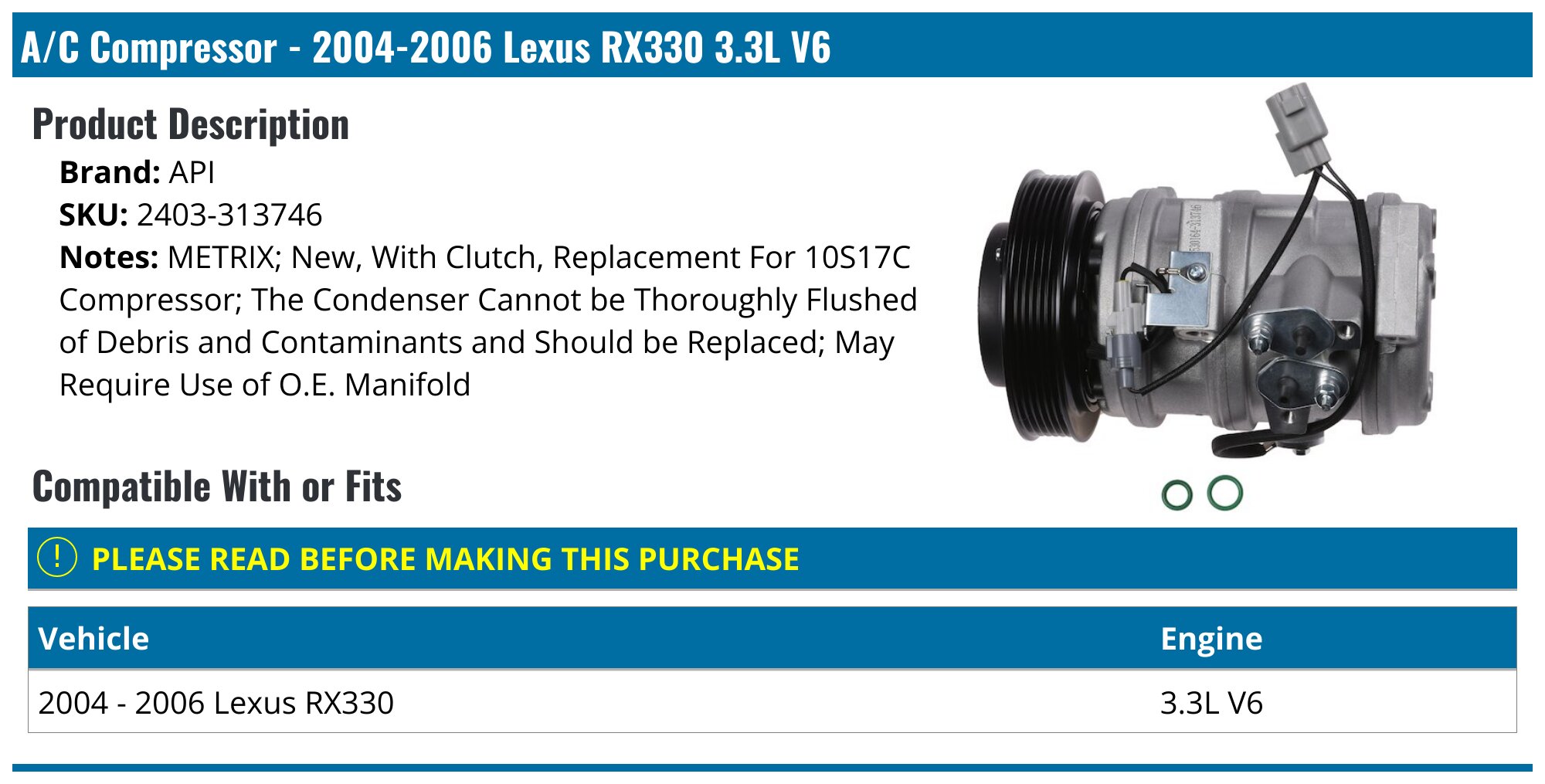 2004-2006 Lexus RX330 A/C Compressor - API 18044-02884822 - PartsGeek.com
