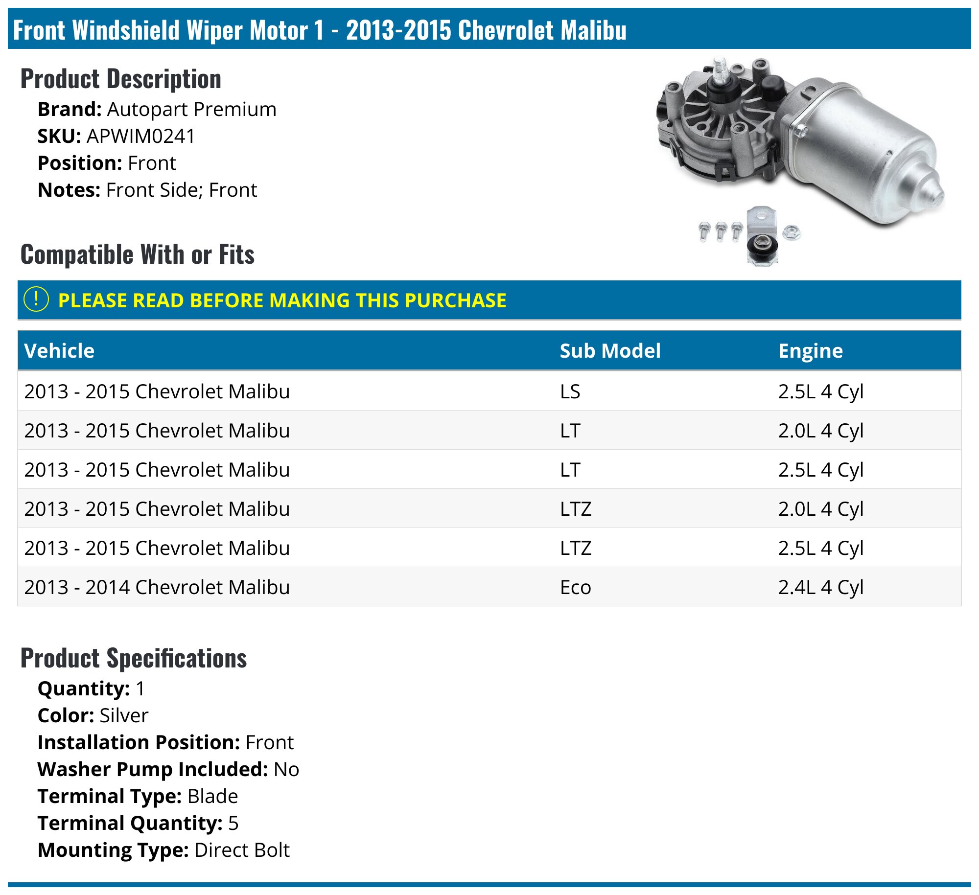 Best-Selling 2014-2017 Chevrolet Impala Wiper Motor APWIM0241