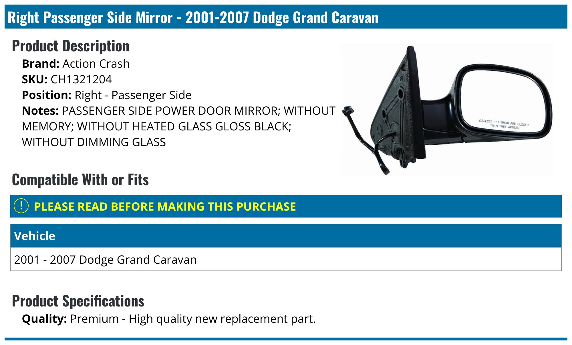 Genuine Mopar Passenger Side Mirror Glass For 2011–2019 Dodge Grand Caravan & Chrysler Town & Country