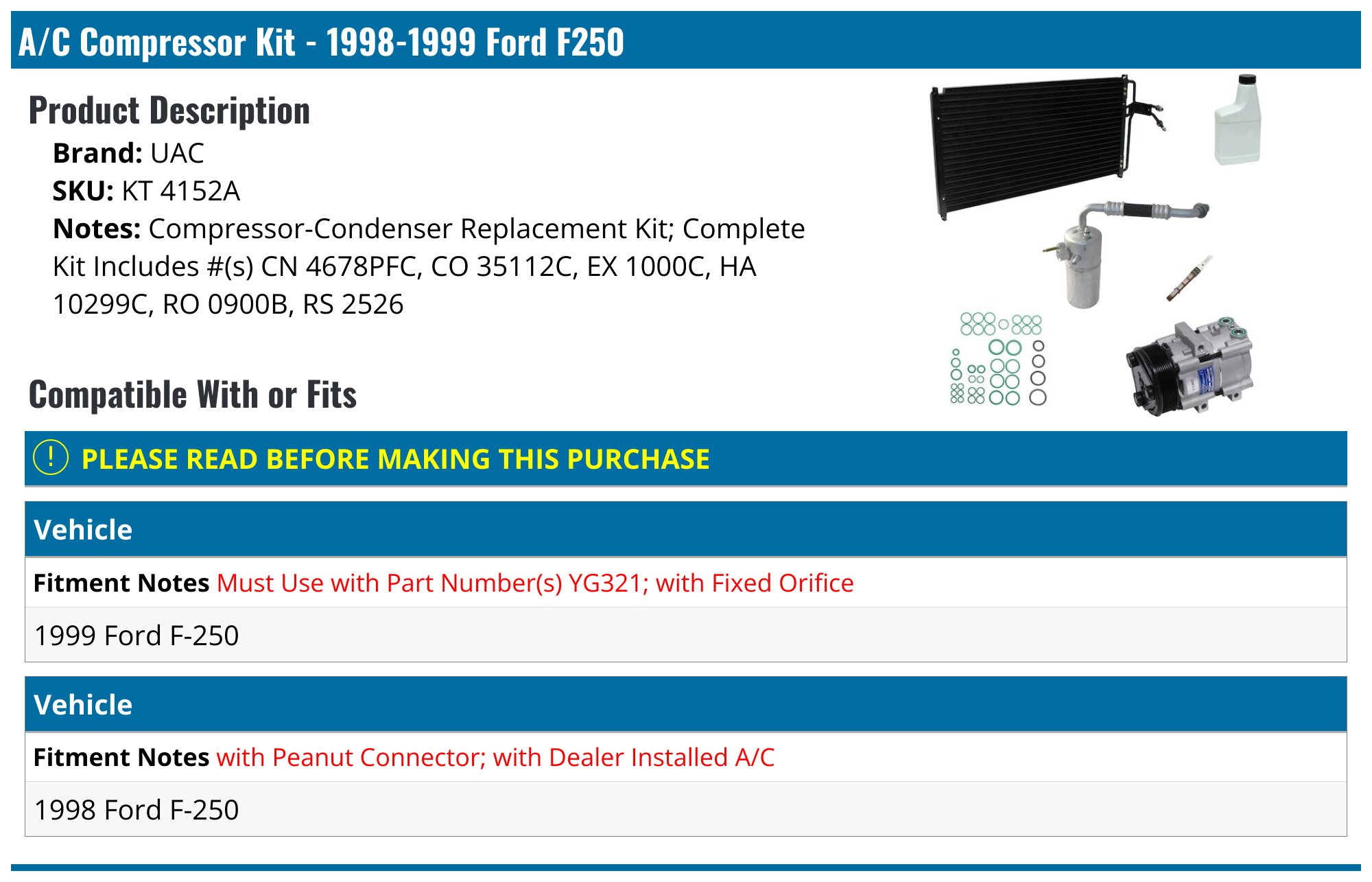 1998-1999 Ford F250 A/C Compressor - UAC KT 4152A - PartsGeek.com
