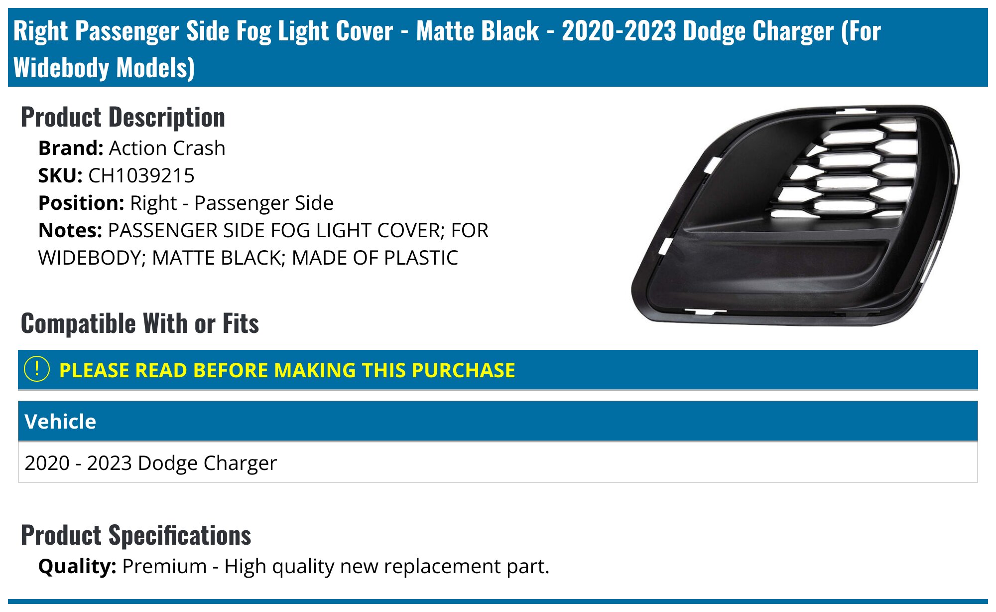 Dodge Charger Fog Light - Fog Lights - Action Crash Replacement Eagle Eyes  Depo DIY Solutions Replacement AP API Spyder - 2020 2021 2013 2023 2018  2015 2007 2006 20 21 13 23 18 15 07 06