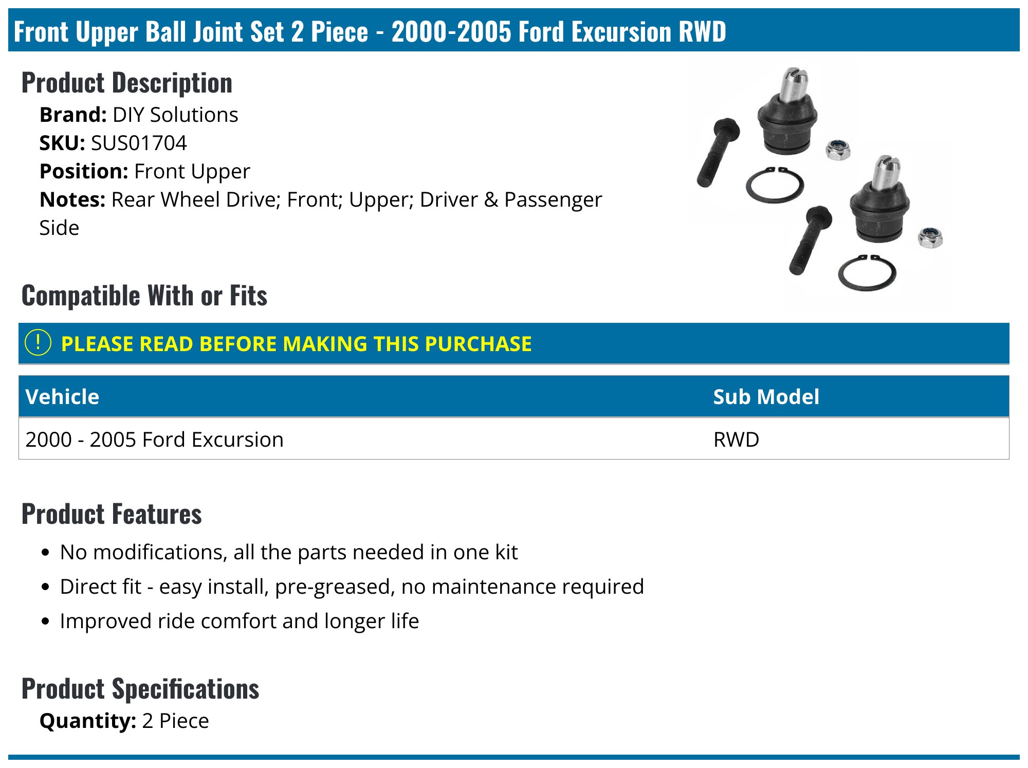 Rear Upper Ball Joint Set For Ford Explorer 2002-2005 – Fits 16" Or 17" Wheels