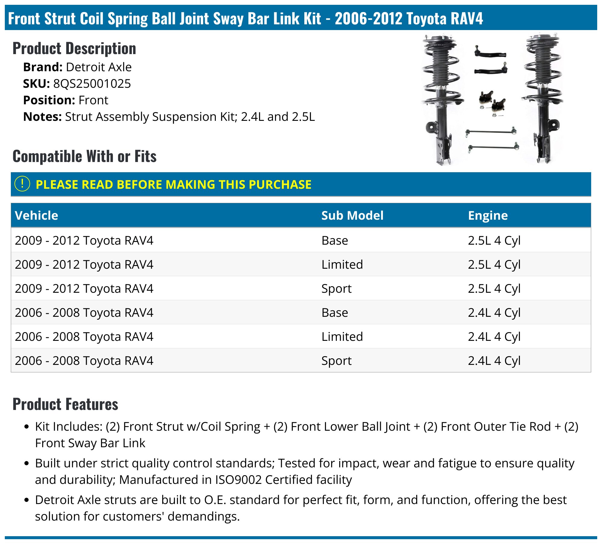 Detroit Axle Front Strut & Sway Bar Kit For 2006-2012 Toyota RAV4 2.4L/2.5L - 8pc Set