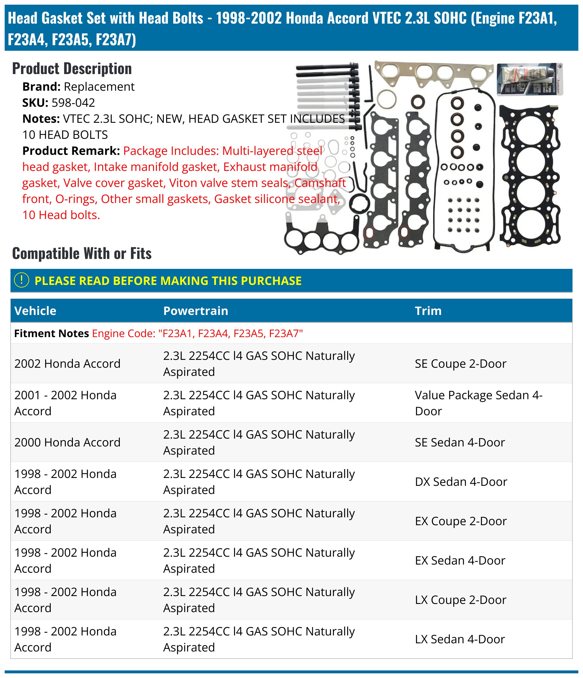 Full Engine Gasket Set W/ Head Bolts For 98-02 Honda Accord 2.3L (F23A1, F23A7) & Acura Isuzu Oasis
