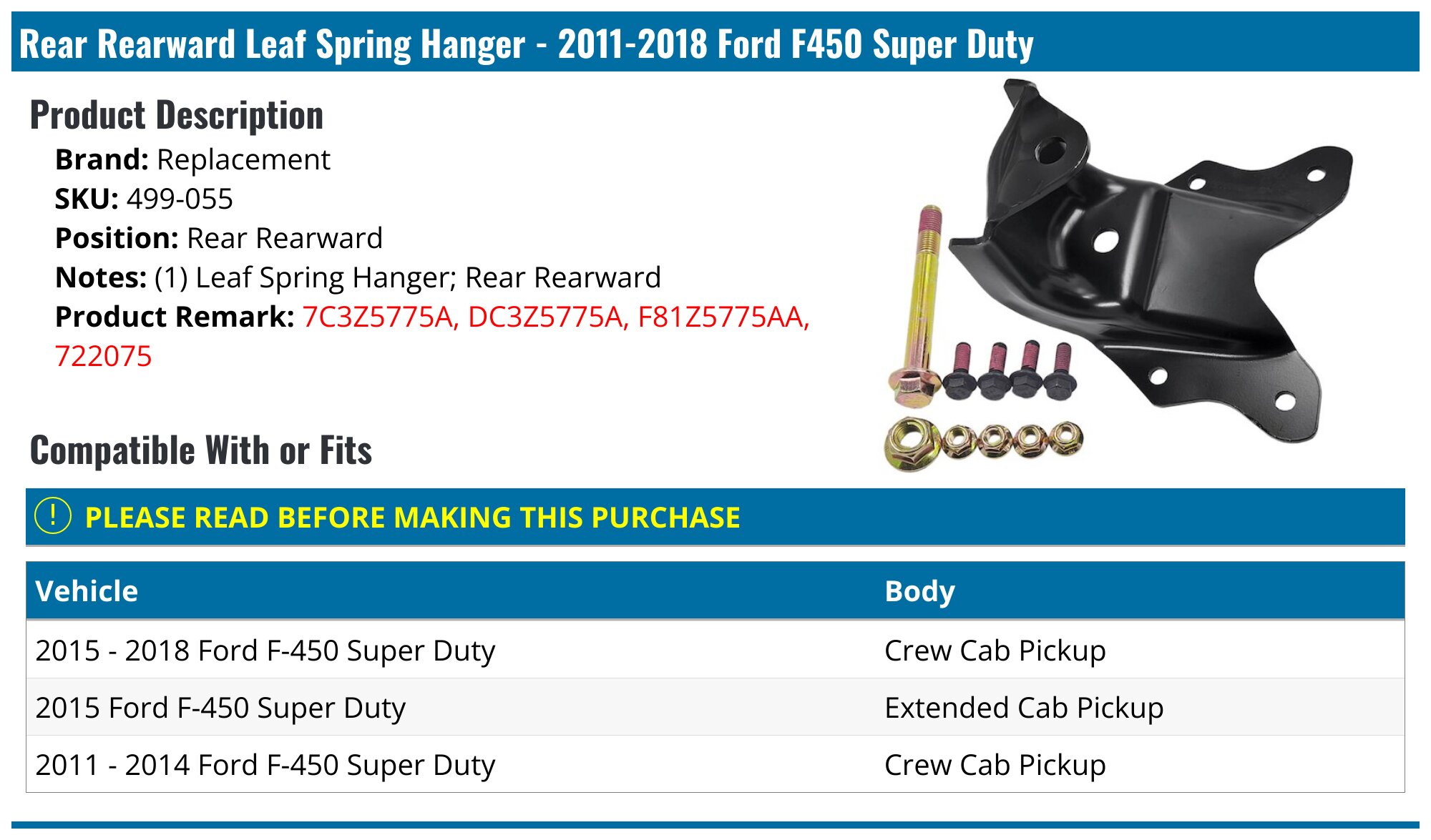 2011-2018 Ford F450 Super Duty Leaf Spring Hanger - Replacement 499-055 ...