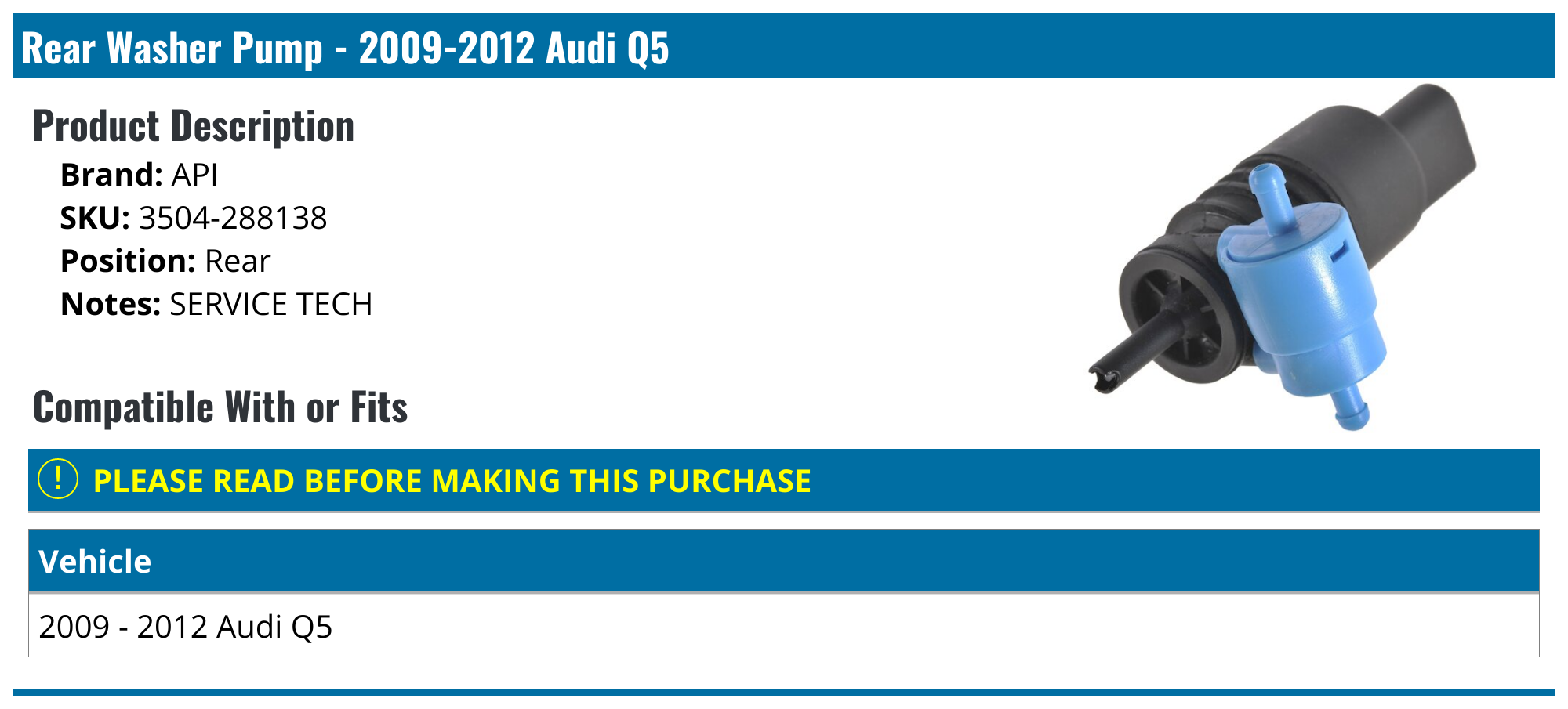 20092012 Audi Q5 Washer Pump API 3042107402226 Rear