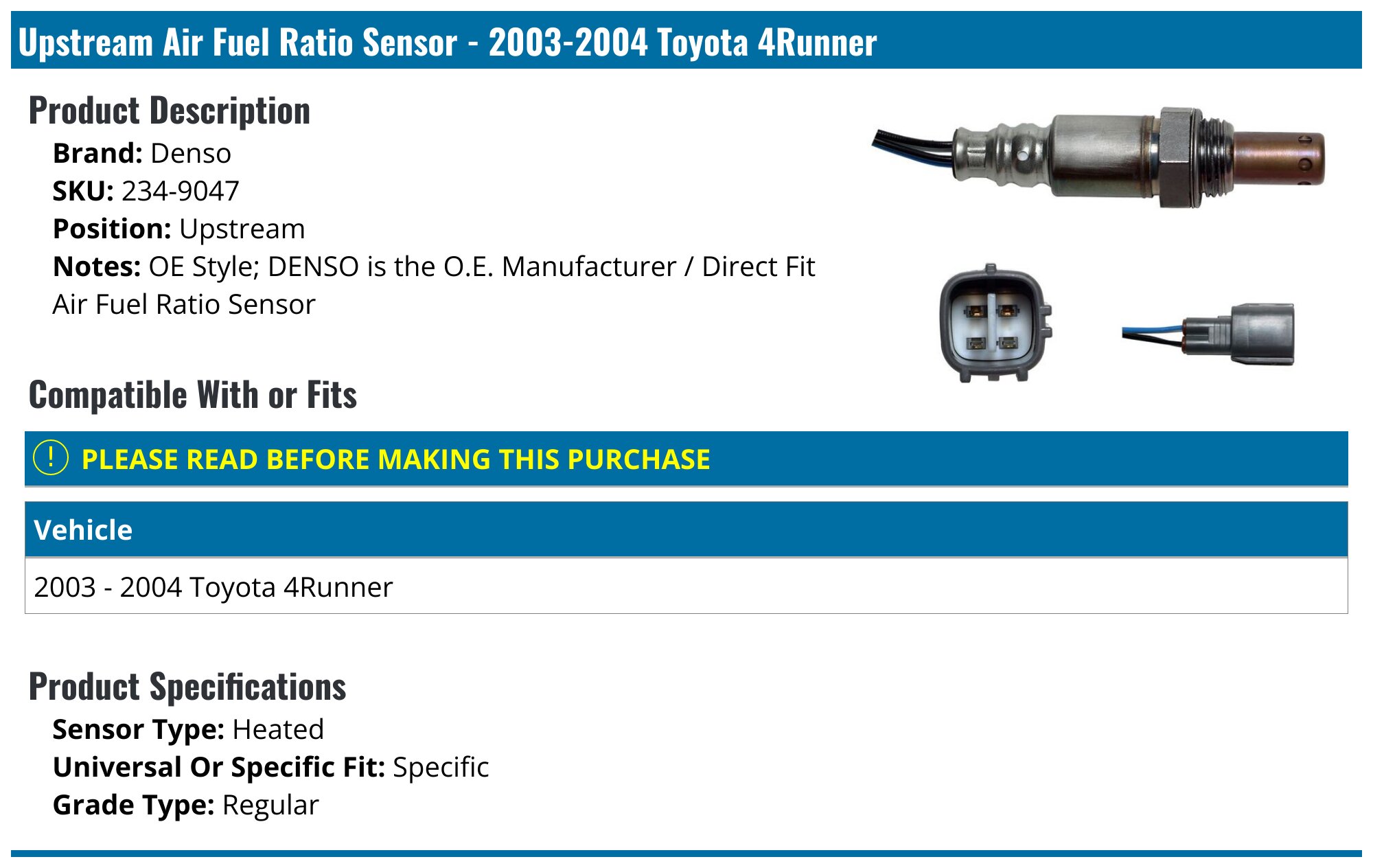 Upstream O2 Sensor For 2003-2004 Toyota 4Runner 4.0L - Air Fuel Ratio Oxygen Sensor
