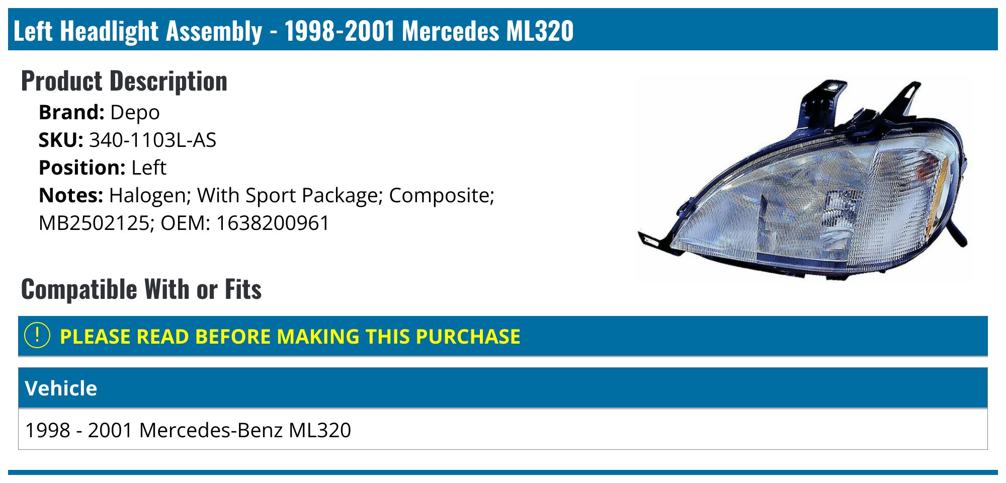 1998-2001 Mercedes-Benz W163 ML320 ML430 Headlights – DTMOTO Black Halogen Pair (Left+Right)