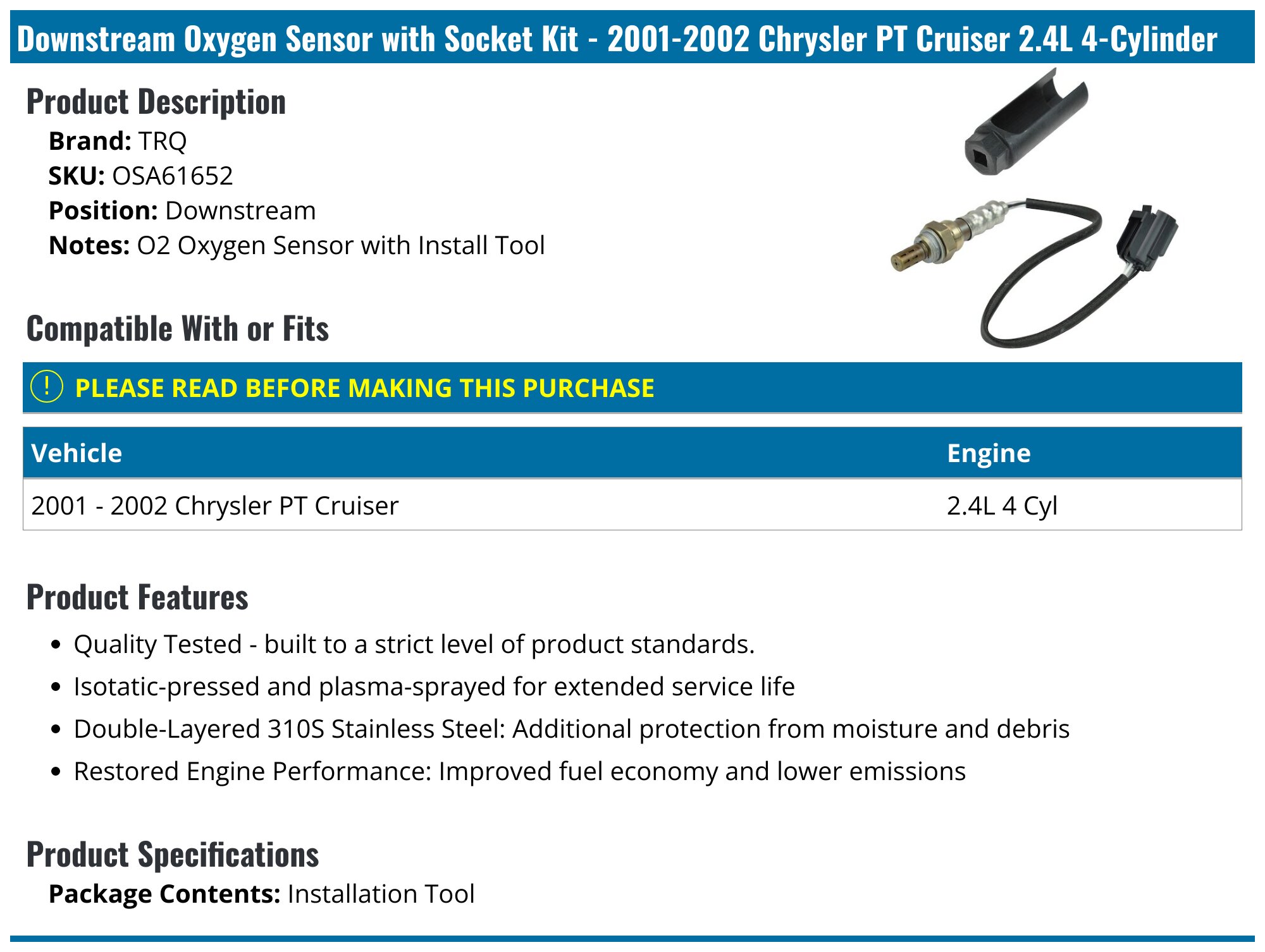 2001-2002 Chrysler PT Cruiser Oxygen Sensor - TRQ OSA61652 - Downstream ...