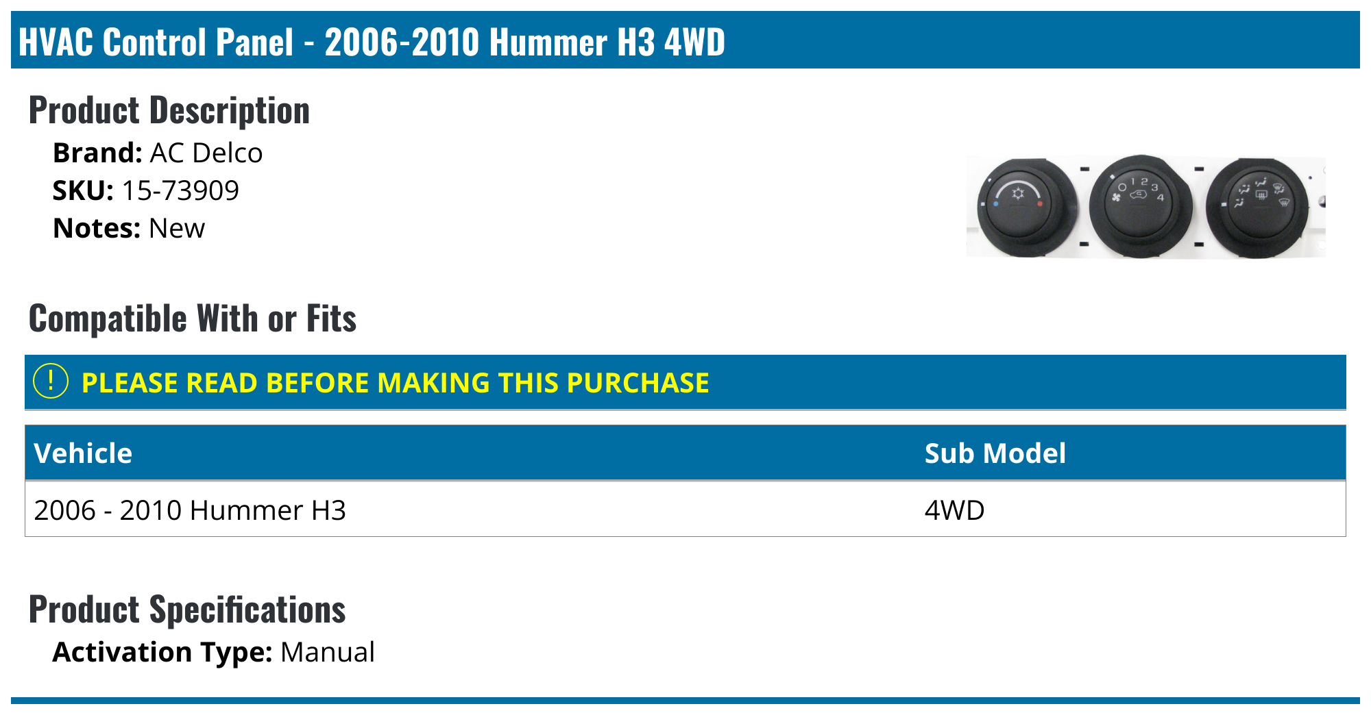 20062010 Hummer H3 HVAC Control Module AC Delco 1573909