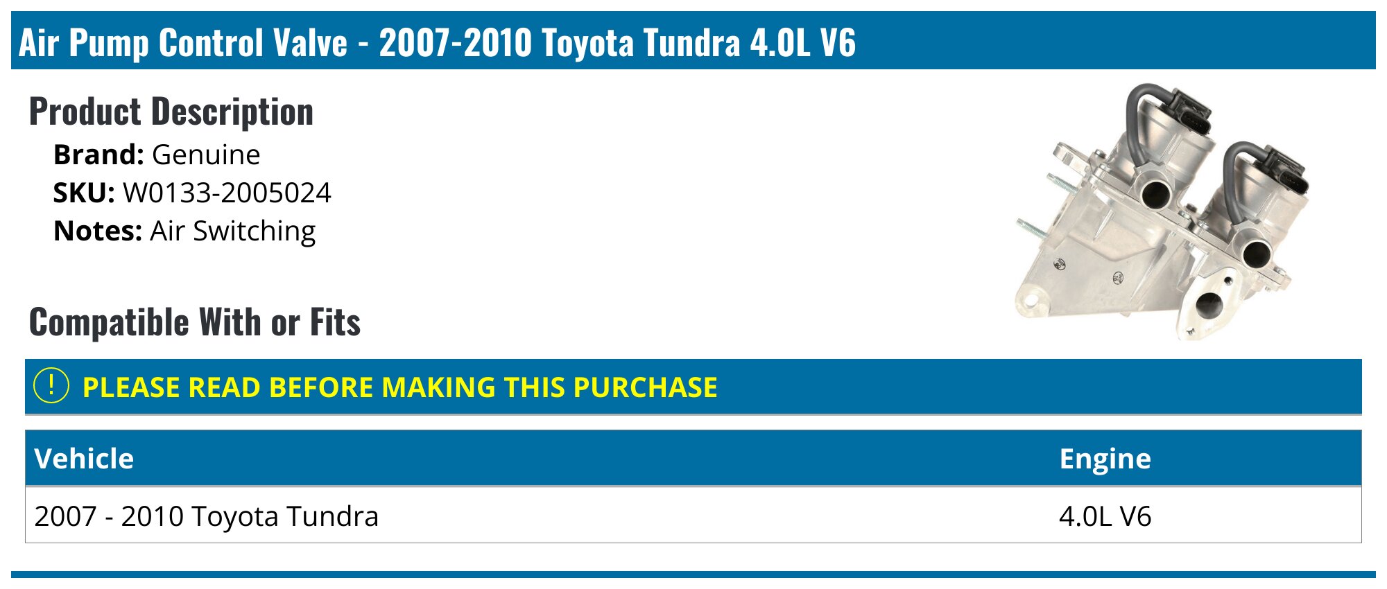 2007-2010 Toyota Tundra Air Pump Control Valve - Genuine W0133-2005024