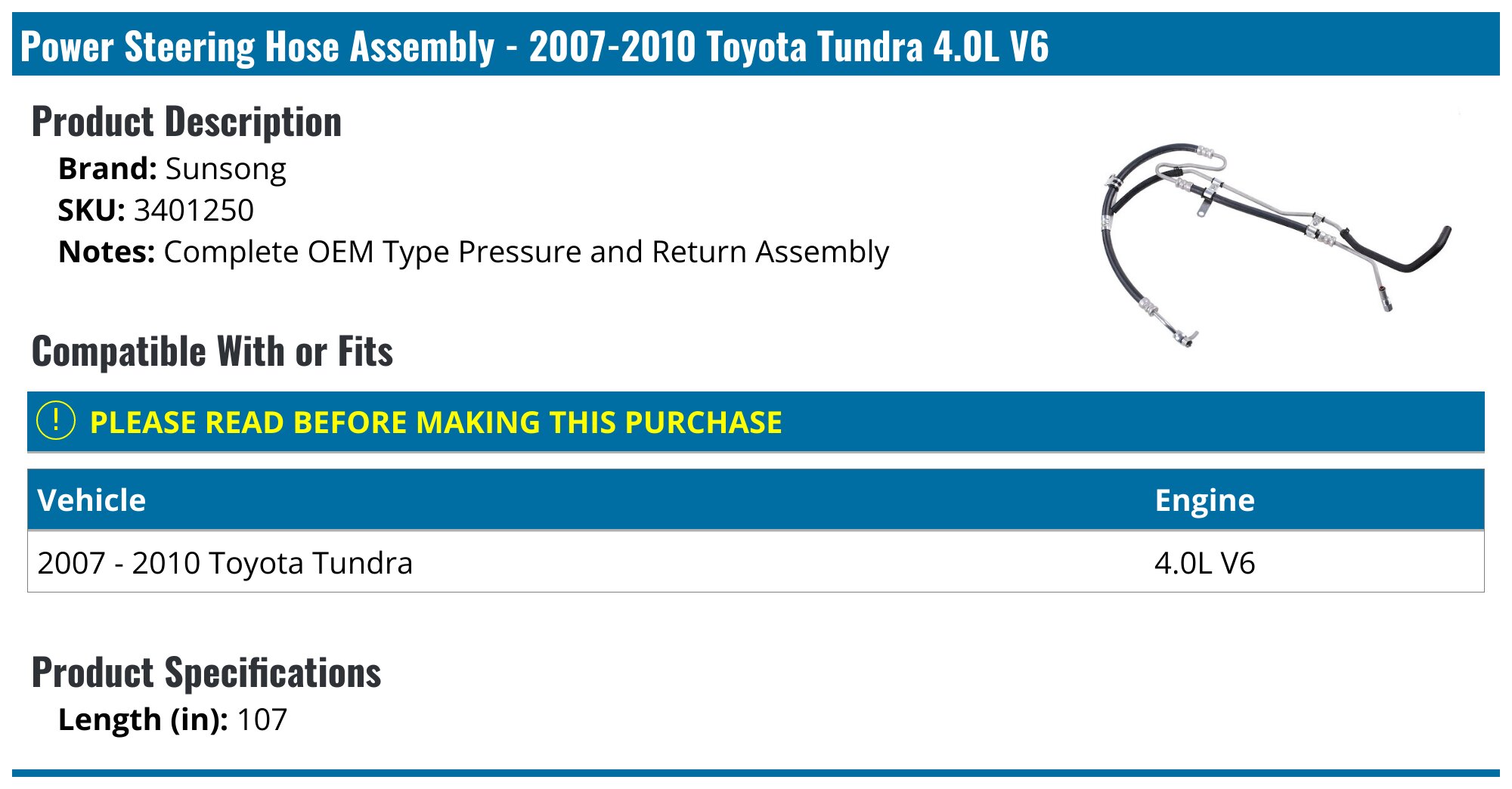 A-Premium Power Steering Hose Assembly For Toyota Tundra 2007-2019 (4.6L, 5.7L) - Pressure & Return