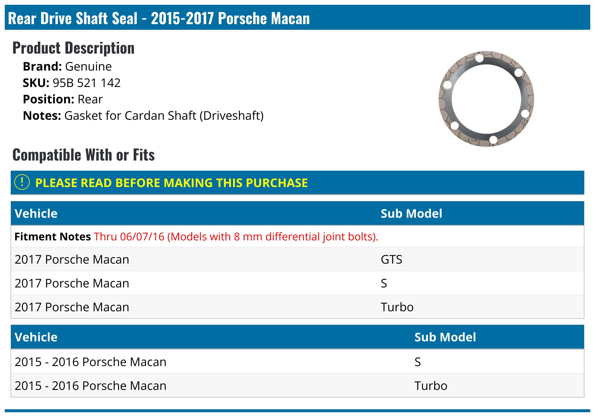 Rear Drive Shaft Seal - 2015-2017 Porsche Macan - Genuine 129870-08071469