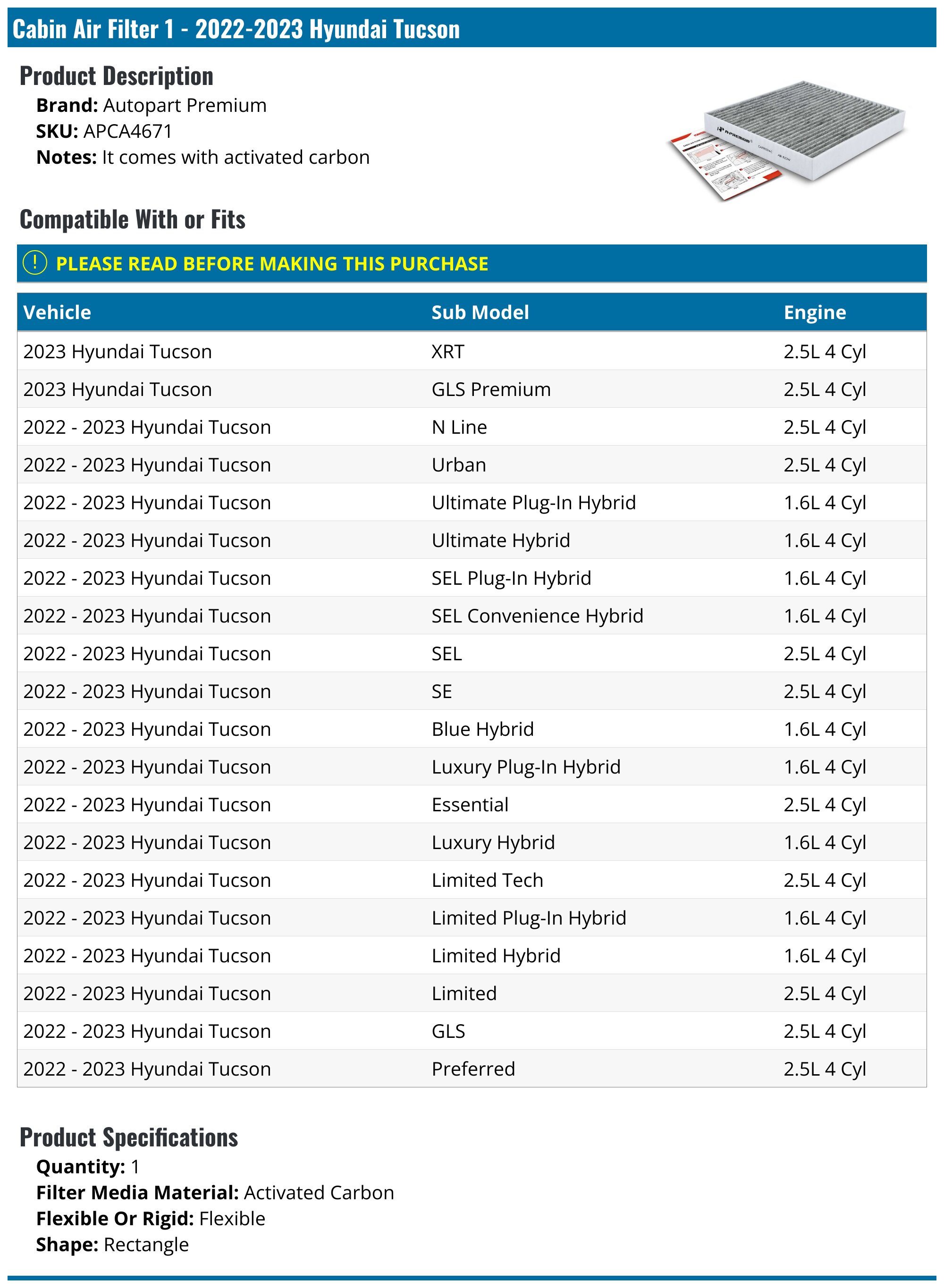 2022-2023 Hyundai Tucson Cabin Air Filter - Autopart Premium APCA4671 ...
