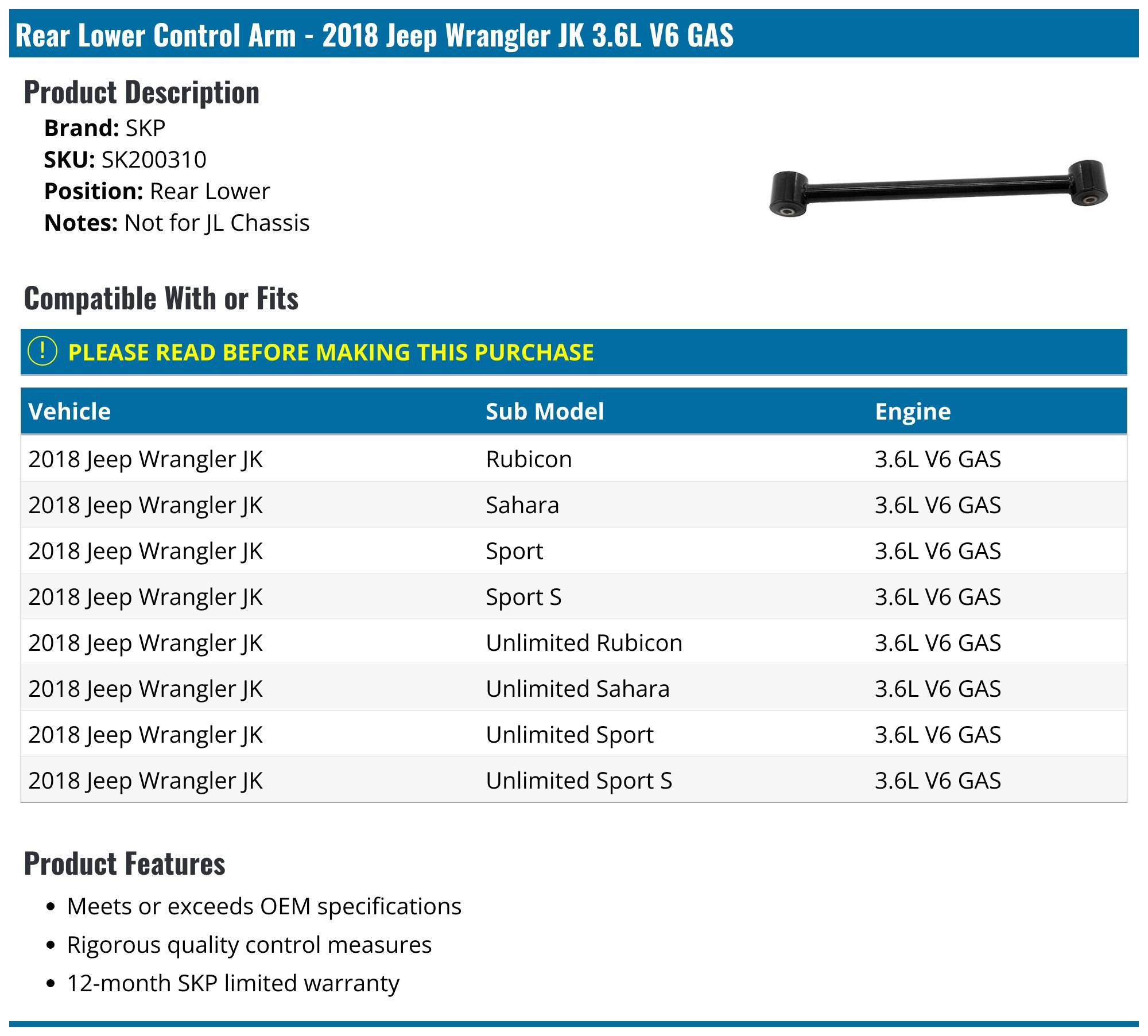 2018 Jeep Wrangler JK Control Arm SKP SK200310 Rear Lower
