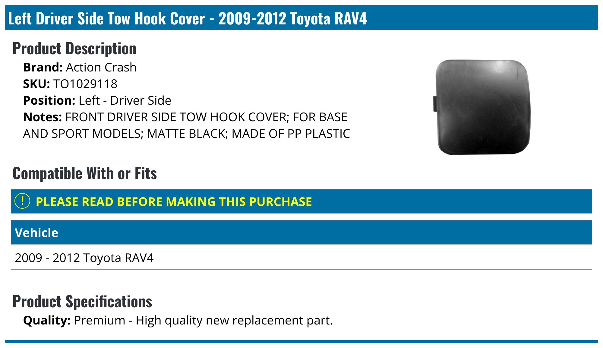For Toyota RAV4 Fog Light Cover 2009 10 11 2012 Driver and