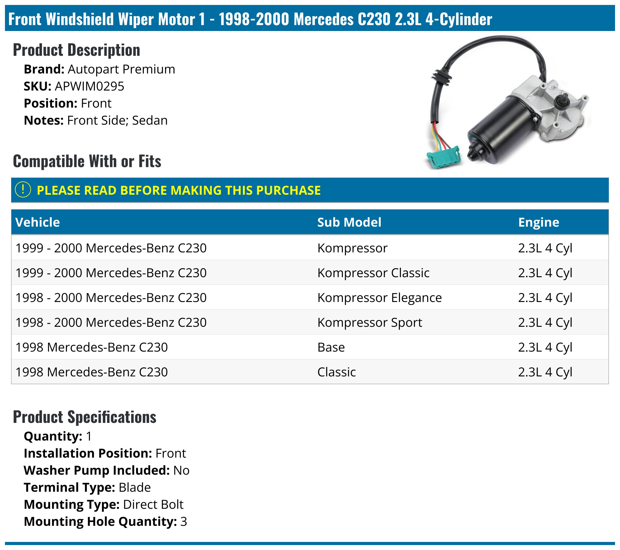 A-Premium Front Windshield Wiper Motor for Mercedes-Benz C230 02-07 C350 CLK350