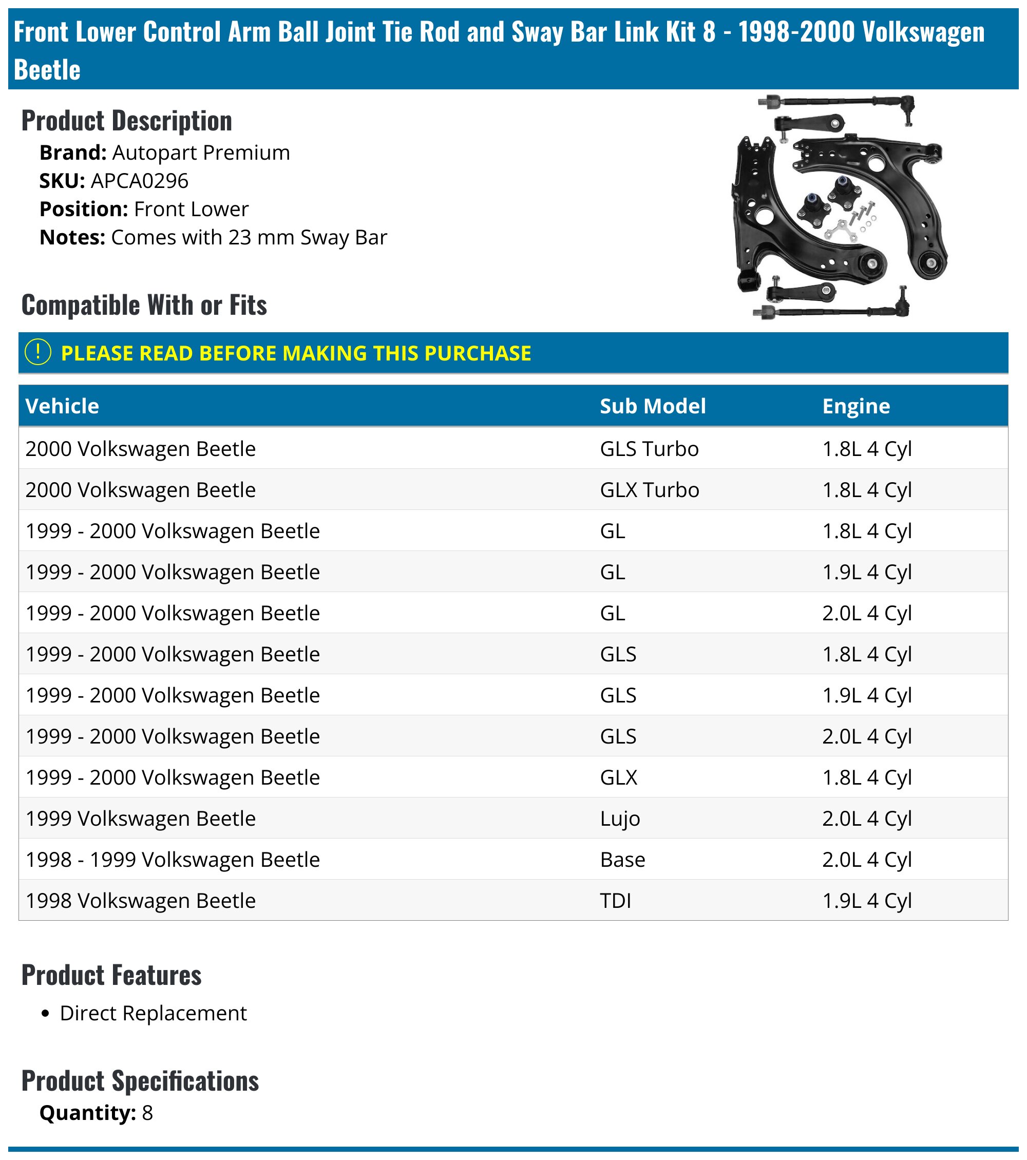 Front Lower Control Arms With Ball Joints & Tie Rods For 2012-2019 Passat & Beetle FWD